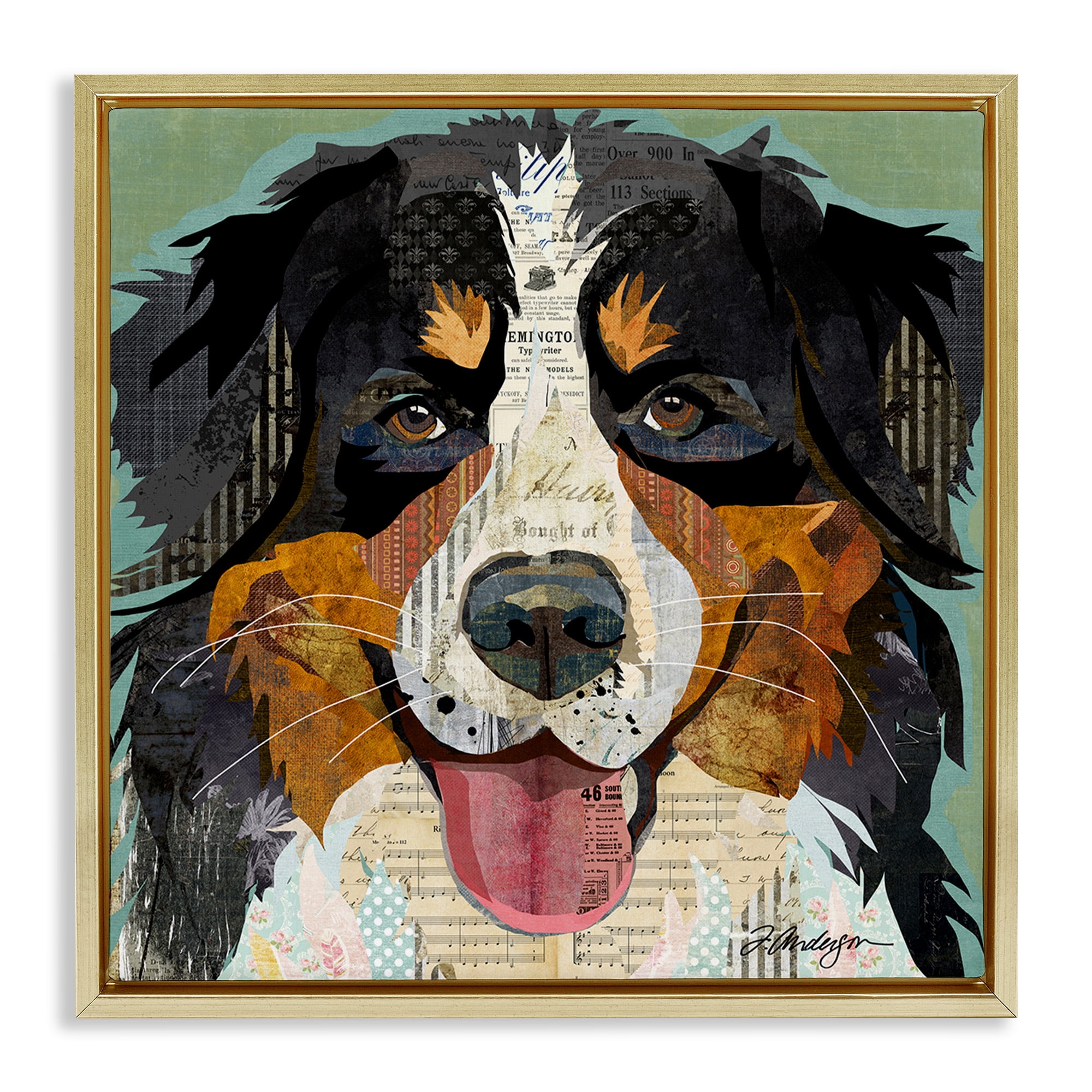 Stupell Industries Bernese Mountain Dog Collage Animals & Insects Painting Gold Floater Framed Canvas Art Print Wall Art, 25 x 25