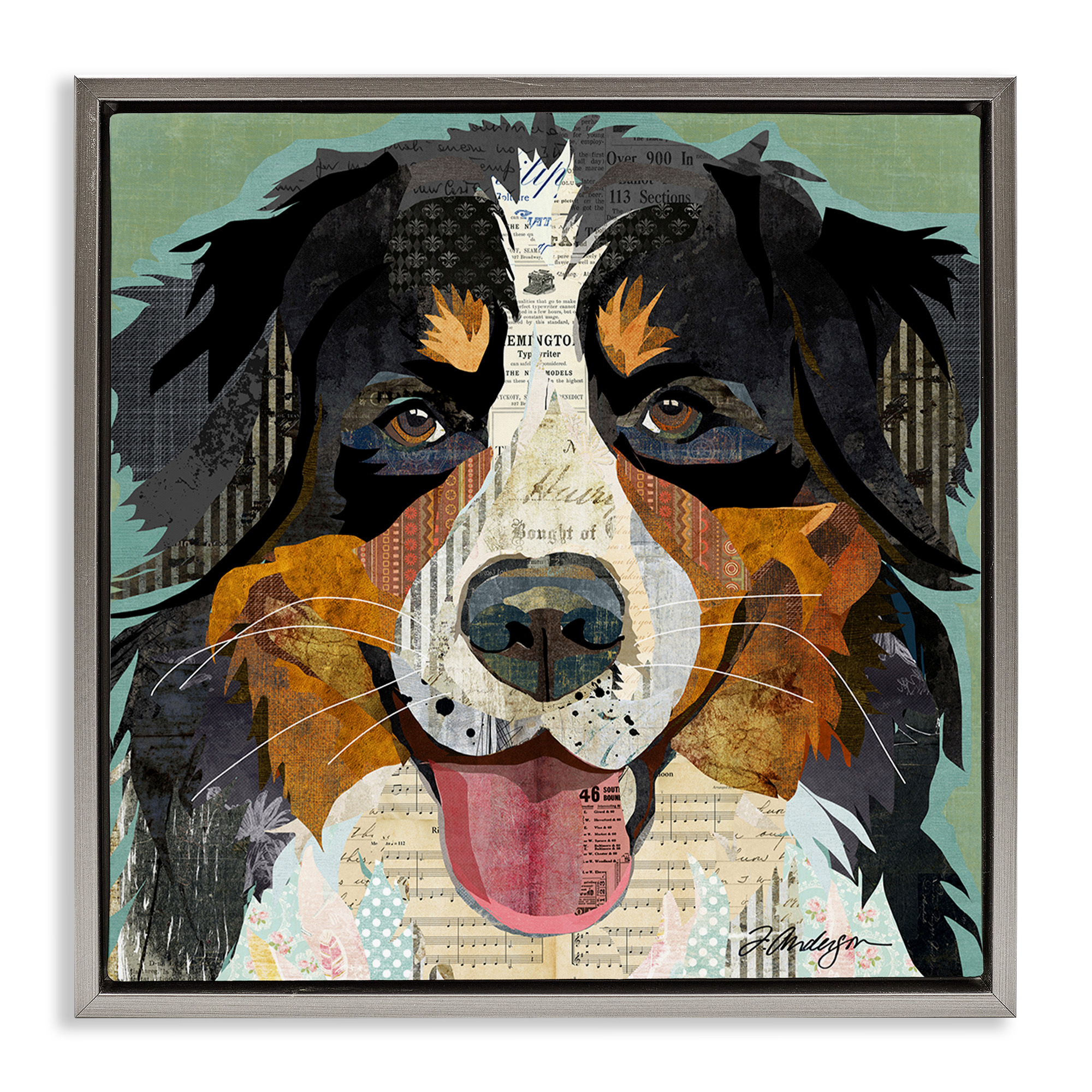 Stupell Industries Bernese Mountain Dog Collage Animals & Insects Painting Gray Floater Framed Canvas Art Print Wall Art, 25 x 25
