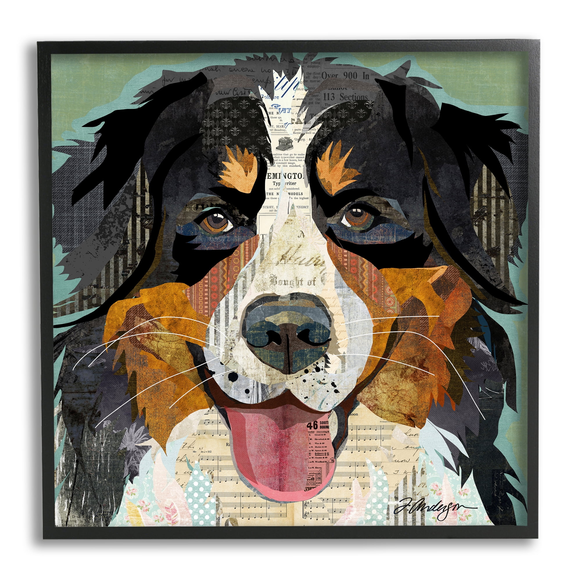 Stupell Industries Bernese Mountain Dog Portrait Layered Ephemera Collage Graphic Art Black Framed Art Print Wall Art, Design by Traci Anderson
