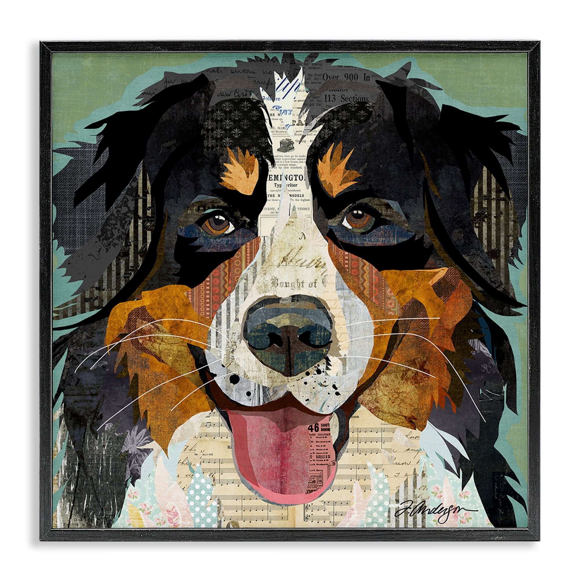 Stupell Industries Bernese Mountain Dog Portrait Layered Ephemera Collage Graphic Art Gray Framed Art Print Wall Art, Design by Traci Anderson