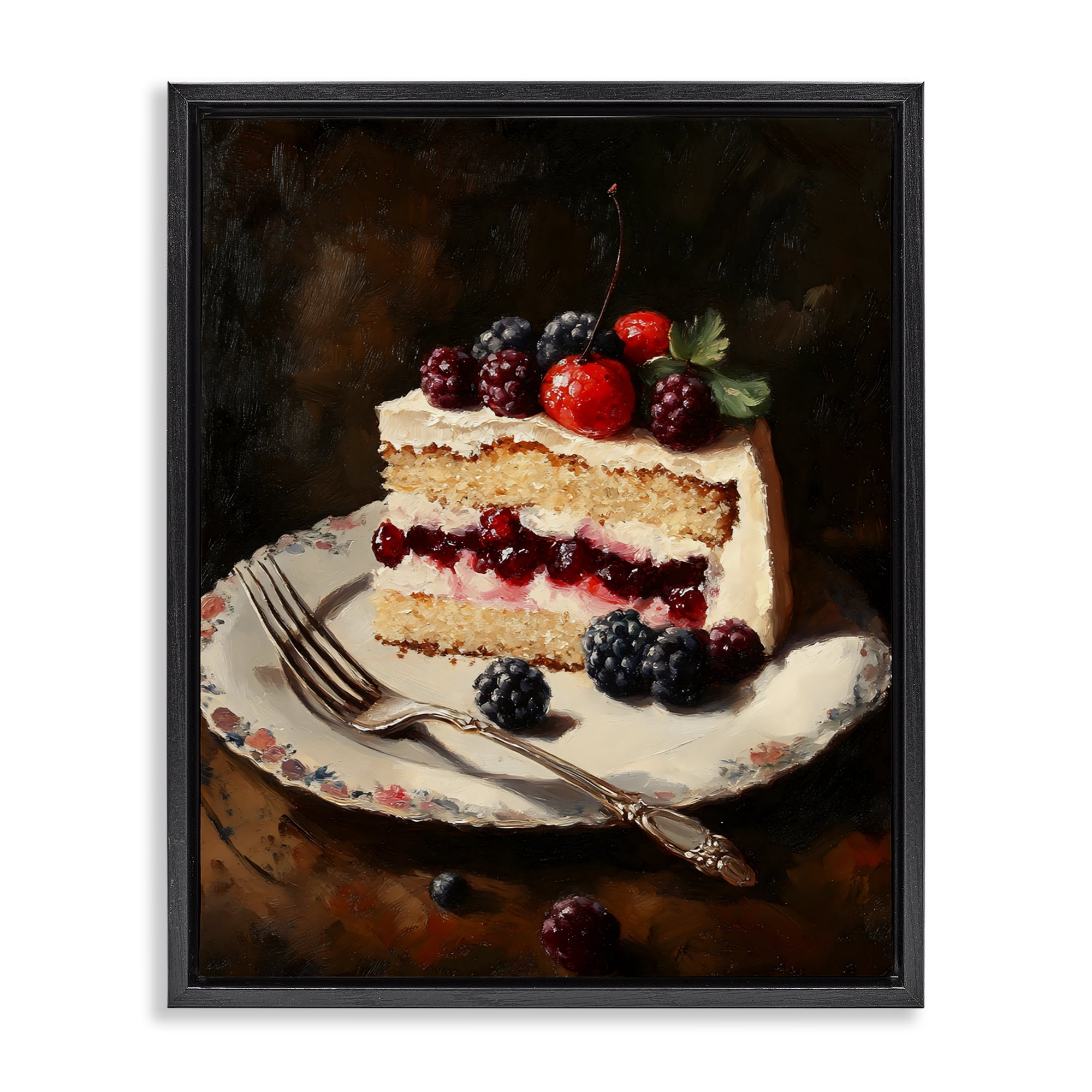 Stupell Industries Berry Topped Cake Slice Black Framed Floater Canvas Wall Art, design by Franklyn Gregory