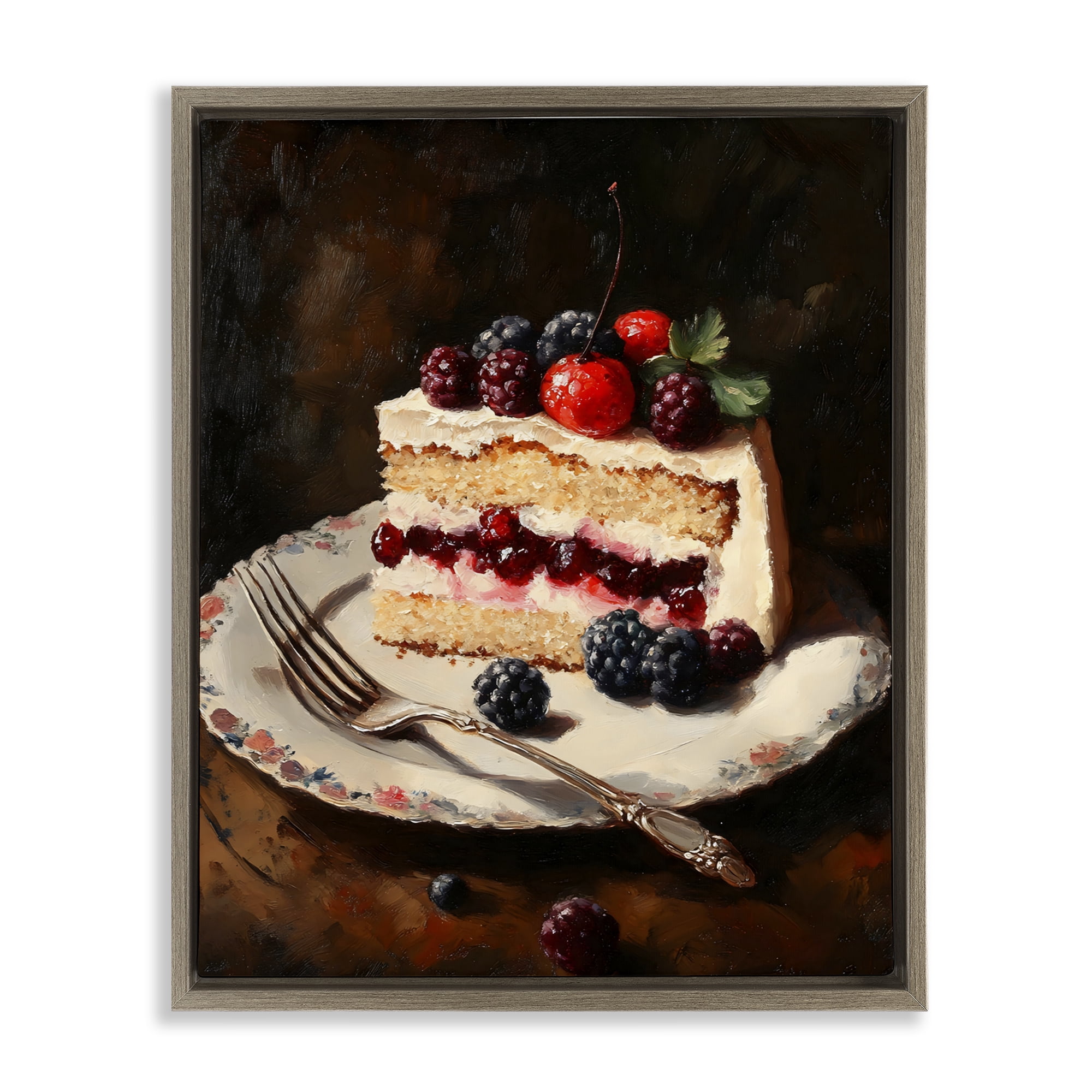 Stupell Industries Berry Topped Cake Slice Brown Framed Floater Canvas Wall Art, design by Franklyn Gregory
