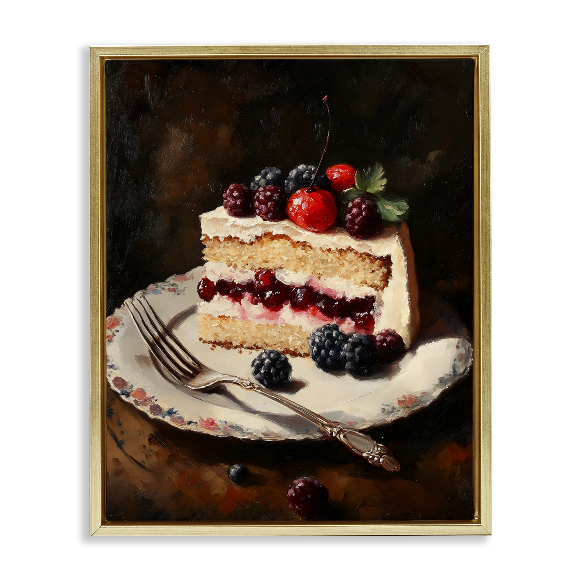 Stupell Industries Berry Topped Cake Slice Gold Framed Floater Canvas Wall Art, design by Franklyn Gregory