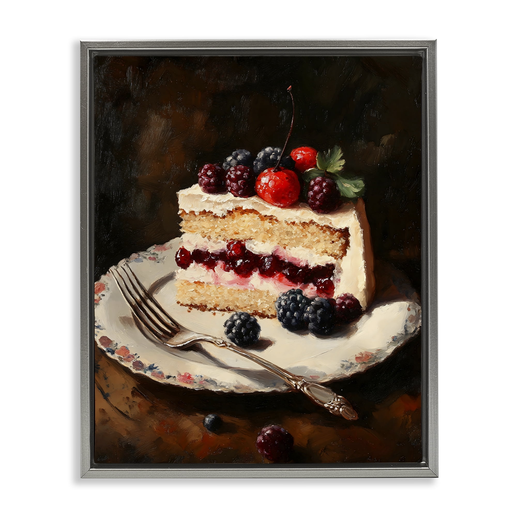 Stupell Industries Berry Topped Cake Slice Gray Framed Floater Canvas Wall Art, design by Franklyn Gregory