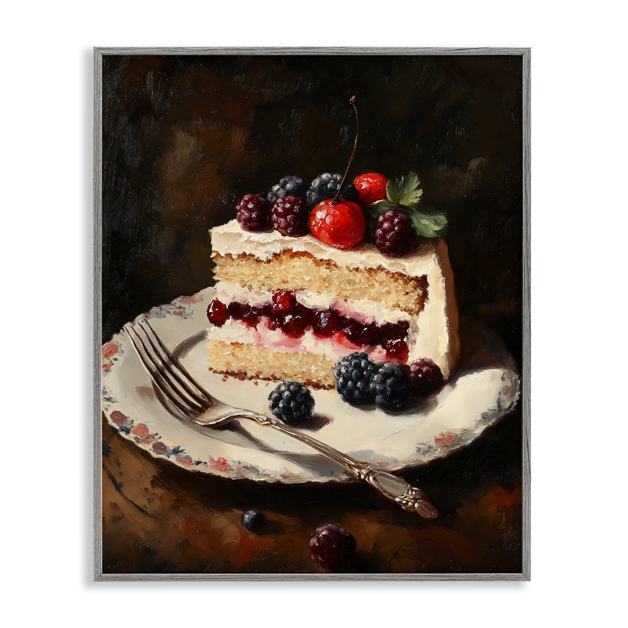 Stupell Industries Berry Topped Cake Slice Gray Framed Giclee Art, design by Franklyn Gregory