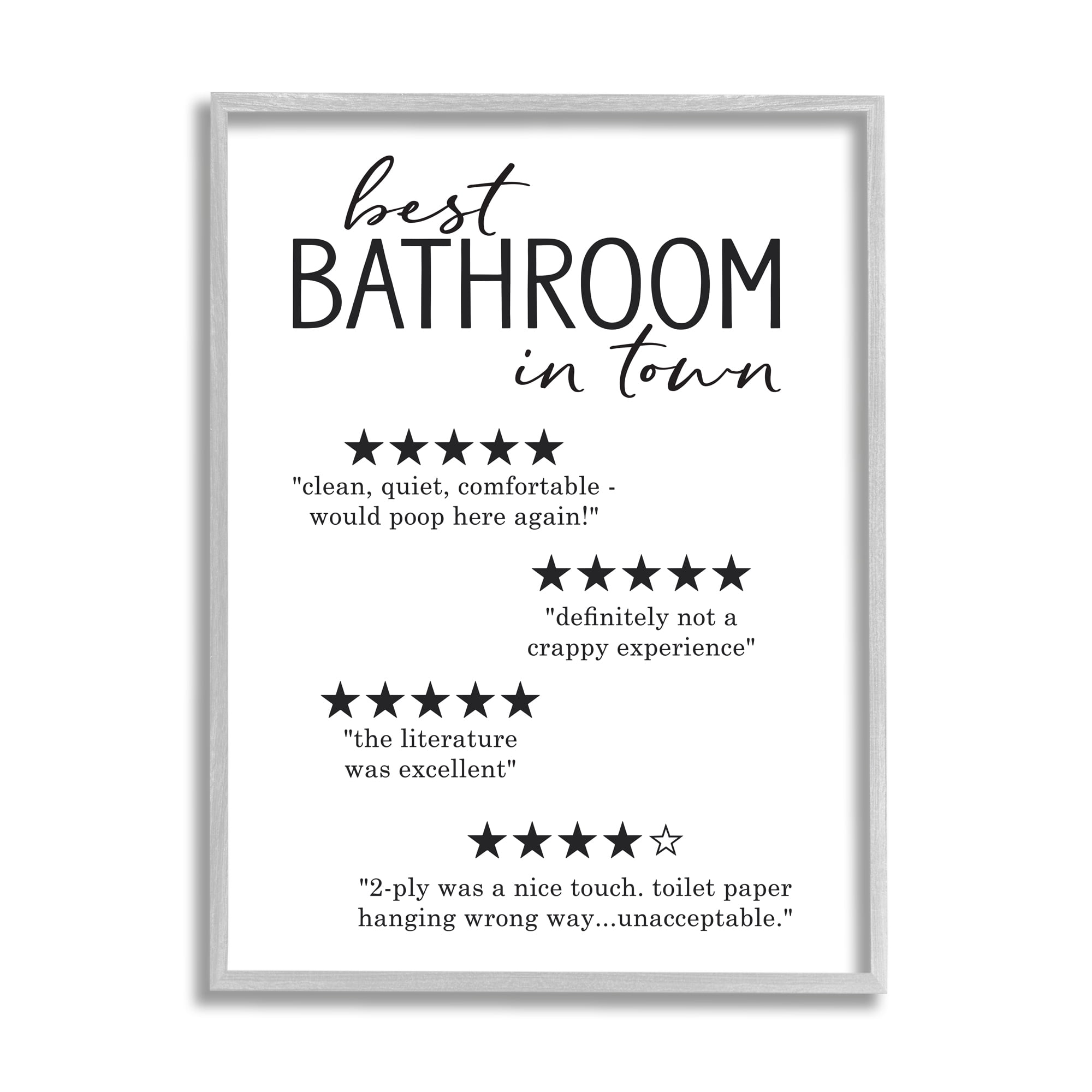 Stupell Industries Best Bathroom Five Star Reviews Funny Bath Phrases Graphic Art Gray Framed Art Print Wall Art, 16x20, by Lettered and Lined