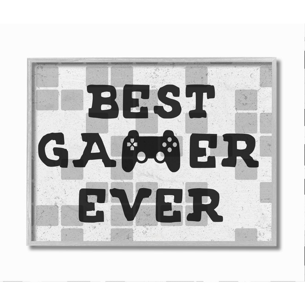 Stupell Industries Best Gamer Ever Phrase Video Game Reference Neutral Tile Framed Wall Art Design by Daphne Polselli, 16" x 20", Gray Framed