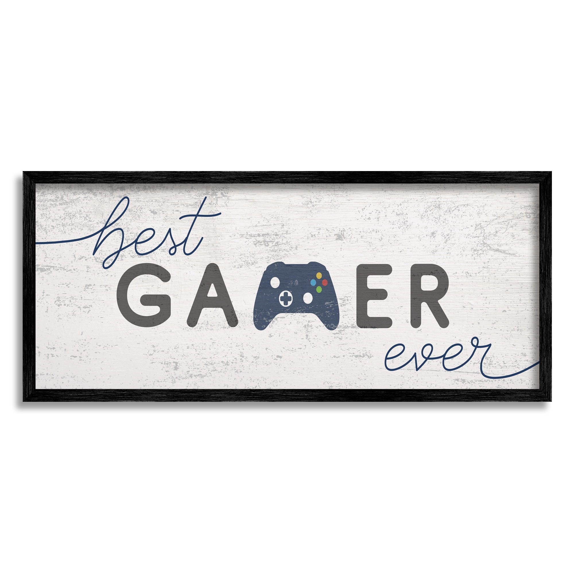 Stupell Industries Best Gamer Ever Video Game Sign Blue Controller Beauty & Fashion Painting Black Framed Art Print Wall Art, 13 x 30