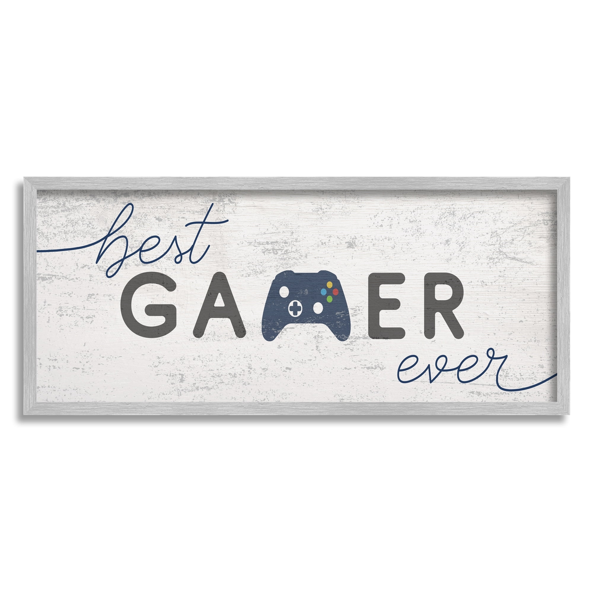 Stupell Industries Best Gamer Ever Video Game Sign Blue Controller Beauty & Fashion Painting Gray Framed Art Print Wall Art, 10 x 24