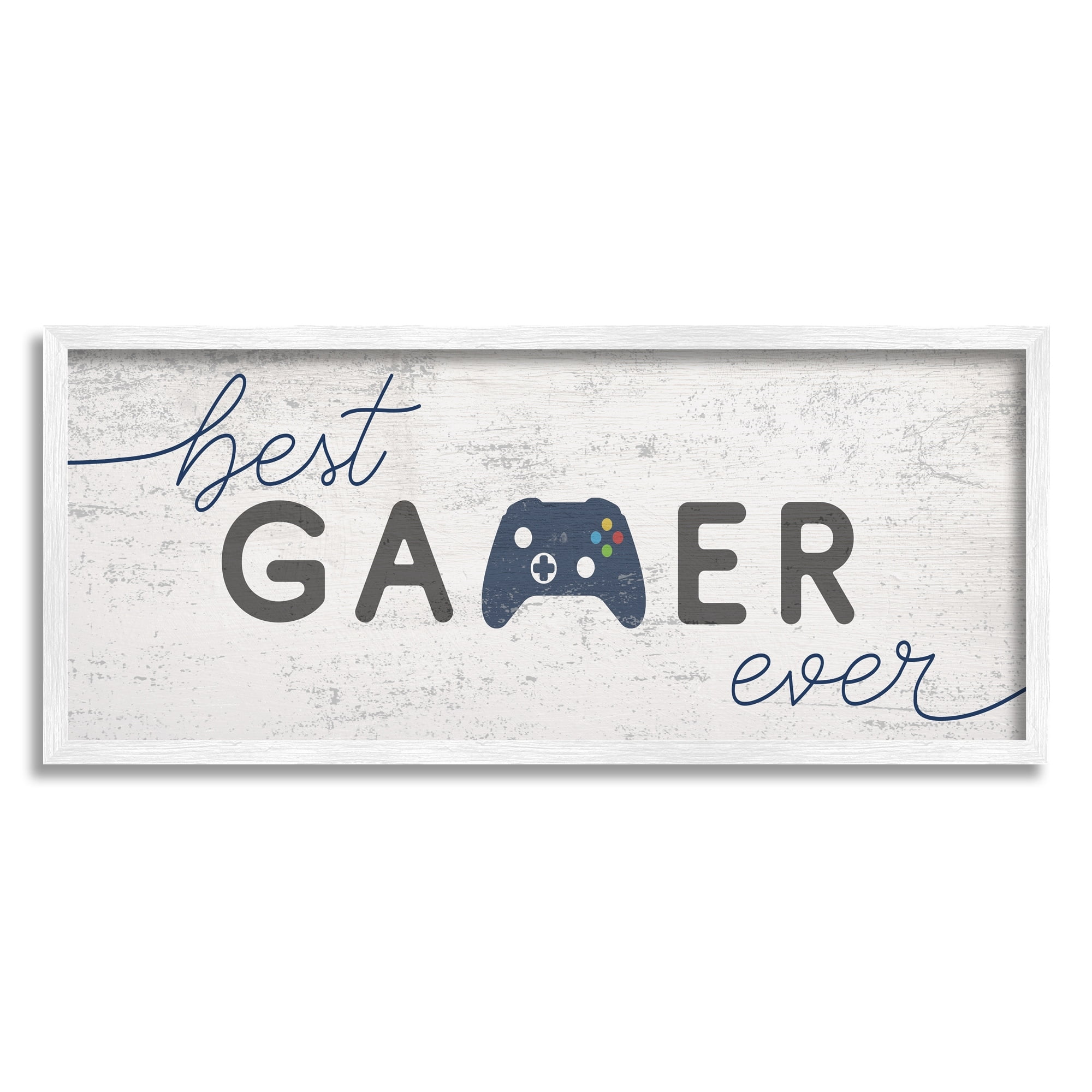 Stupell Industries Best Gamer Ever Video Game Sign Blue Controller Beauty & Fashion Painting White Framed Art Print Wall Art, 13 x 30