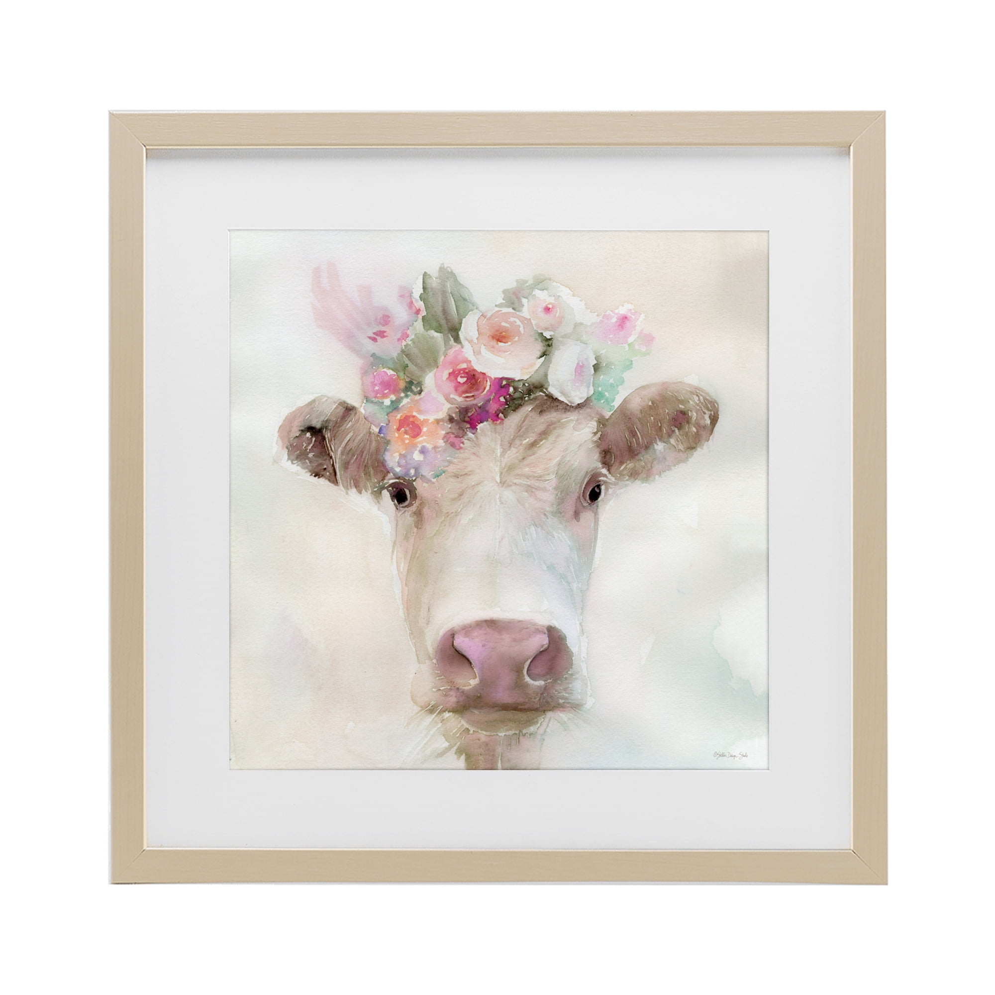 Stupell Industries Betsy Cow with Flowers Birch Framed Print Under Glass, design by Stellar Design Studio
