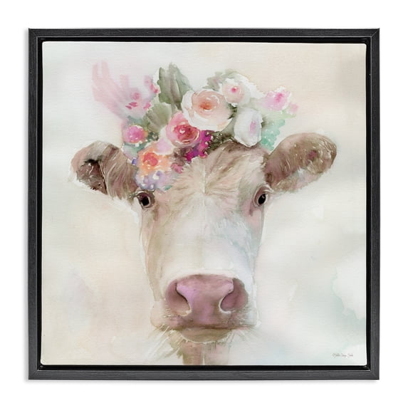 Stupell Industries Rustic Lodge Betsy Cow with Flowers Black Floating Frame Canvas Art, 25 x 25, by Stellar Design Studio