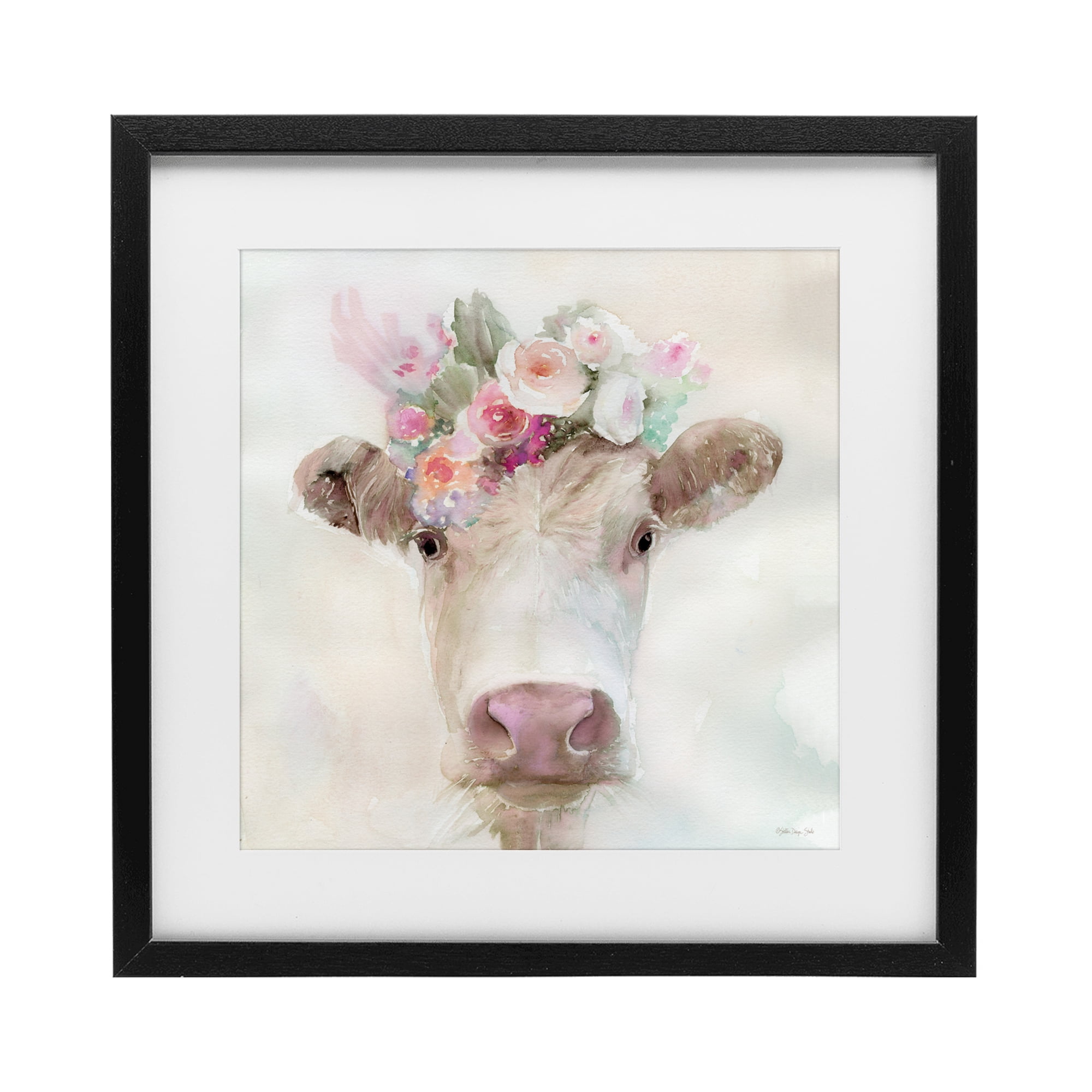 Stupell Industries Betsy Cow with Flowers Black Framed Print Under Glass, design by Stellar Design Studio