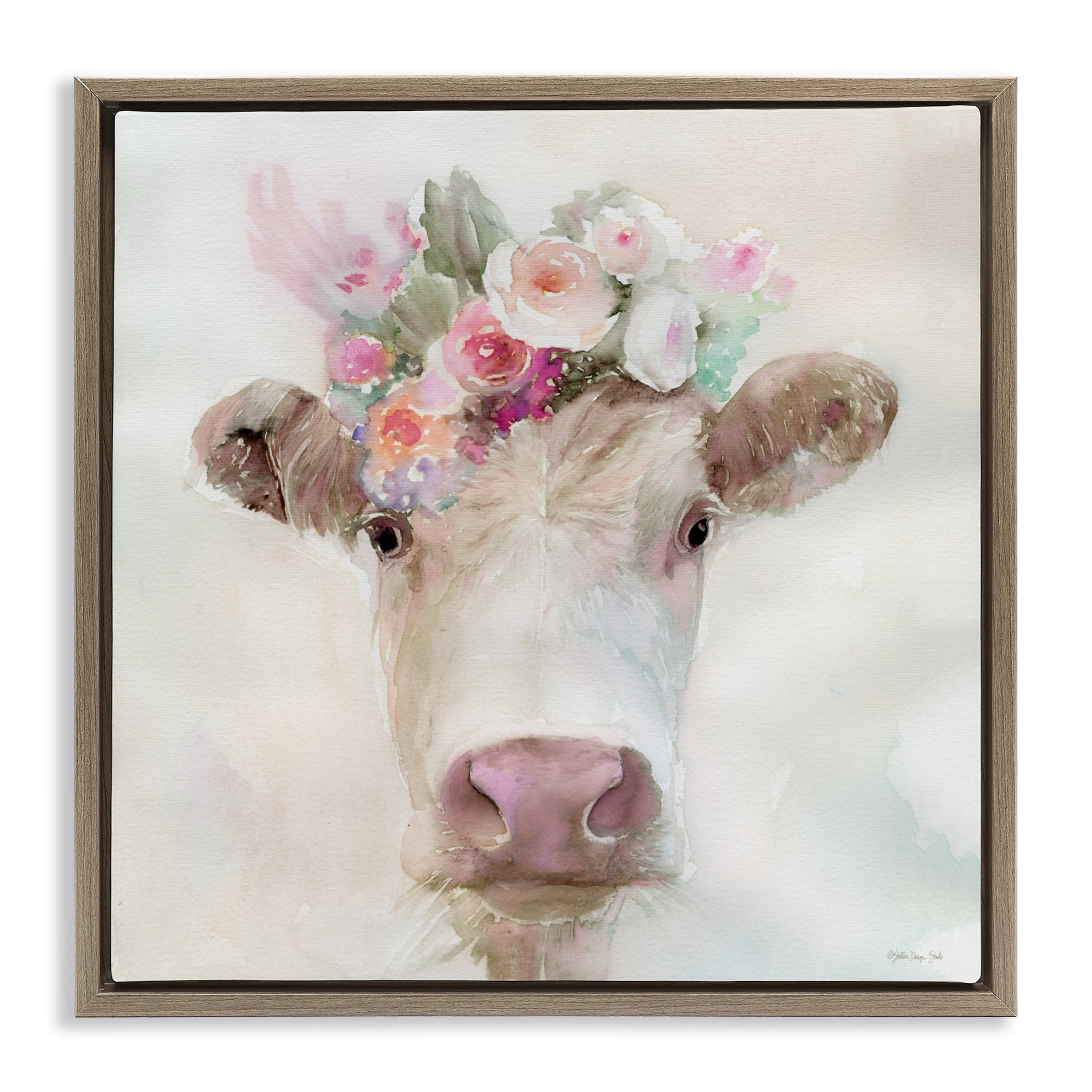 Stupell Industries Betsy Cow with Flowers Brown Framed Floater Canvas Wall Art, design by Stellar Design Studio