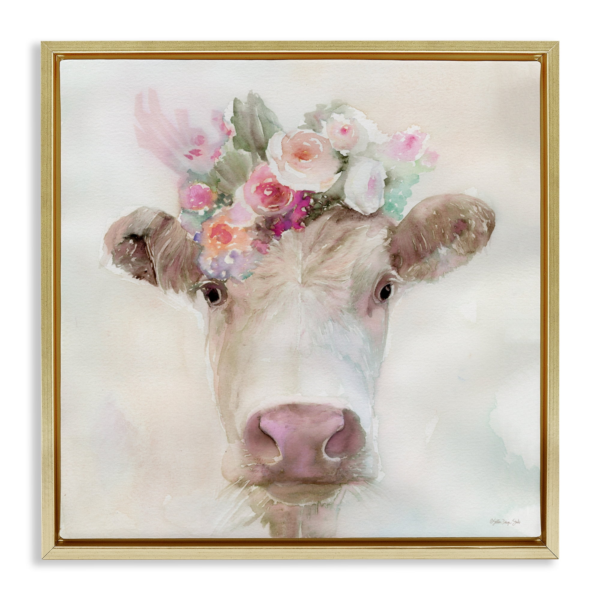 Stupell Industries Betsy Cow with Flowers Gold Framed Floater Canvas Wall Art, design by Stellar Design Studio