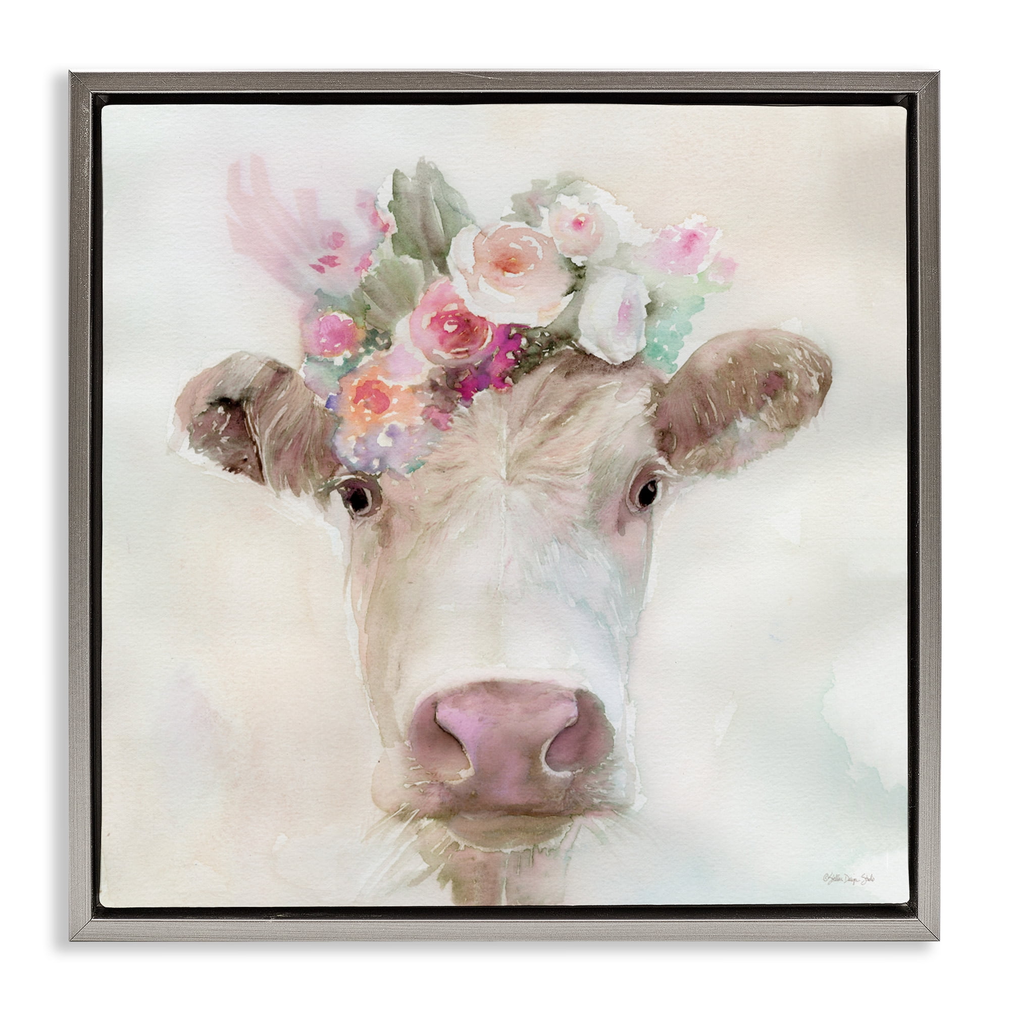 Stupell Industries Betsy Cow with Flowers Gray Framed Floater Canvas Wall Art, design by Stellar Design Studio