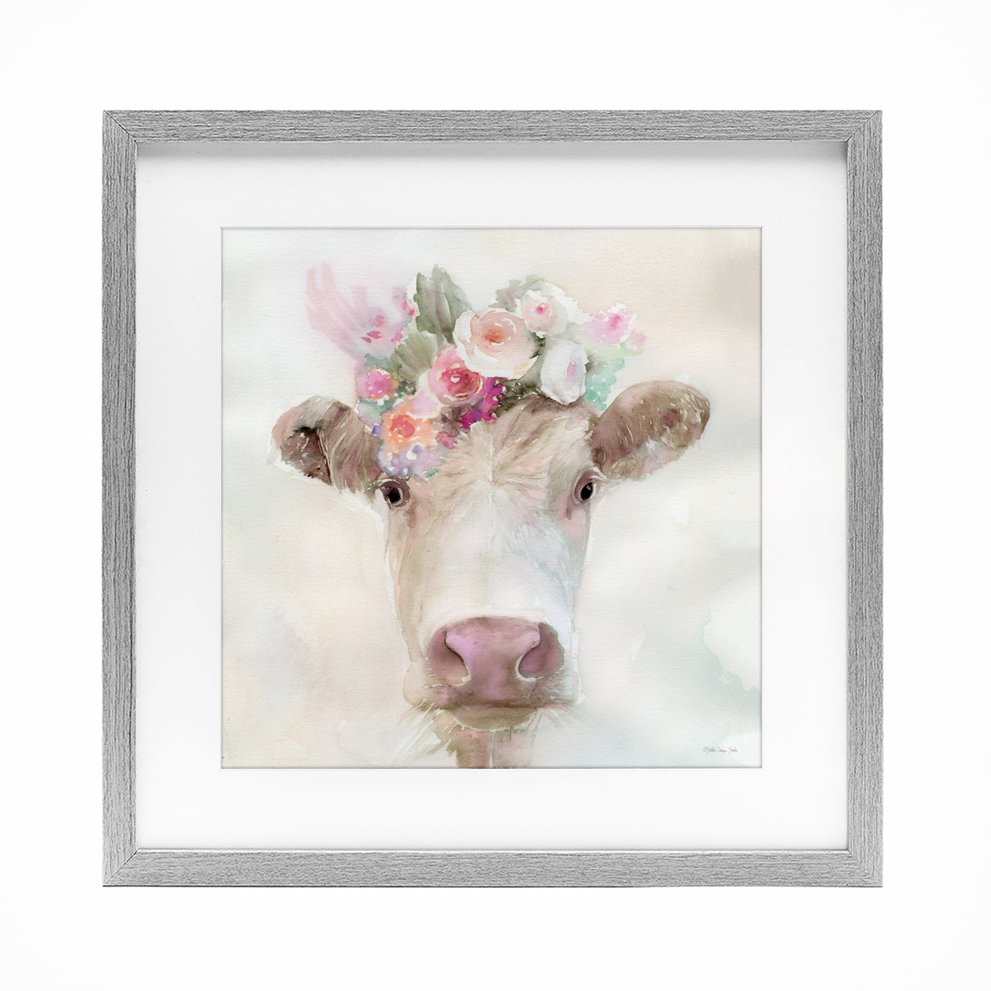 Stupell Industries Betsy Cow with Flowers Gray Framed Print Under Glass, design by Stellar Design Studio