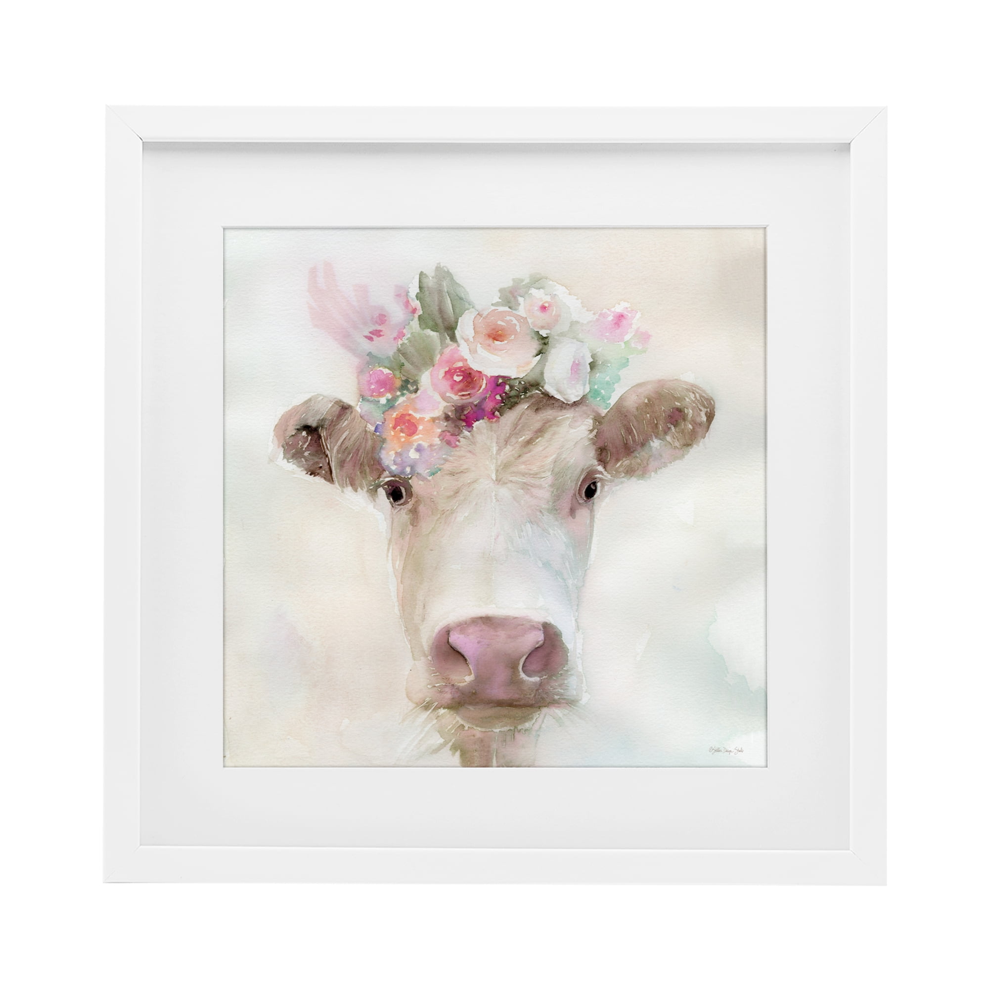 Stupell Industries Betsy Cow with Flowers White Framed Print Under Glass, design by Stellar Design Studio