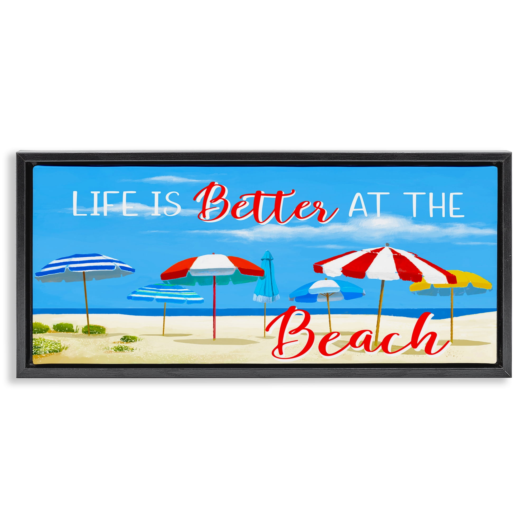 Stupell Industries Better At Beach Scene Landscape Painting Black Floater Framed Canvas Art Print Wall Art, 25 x 11