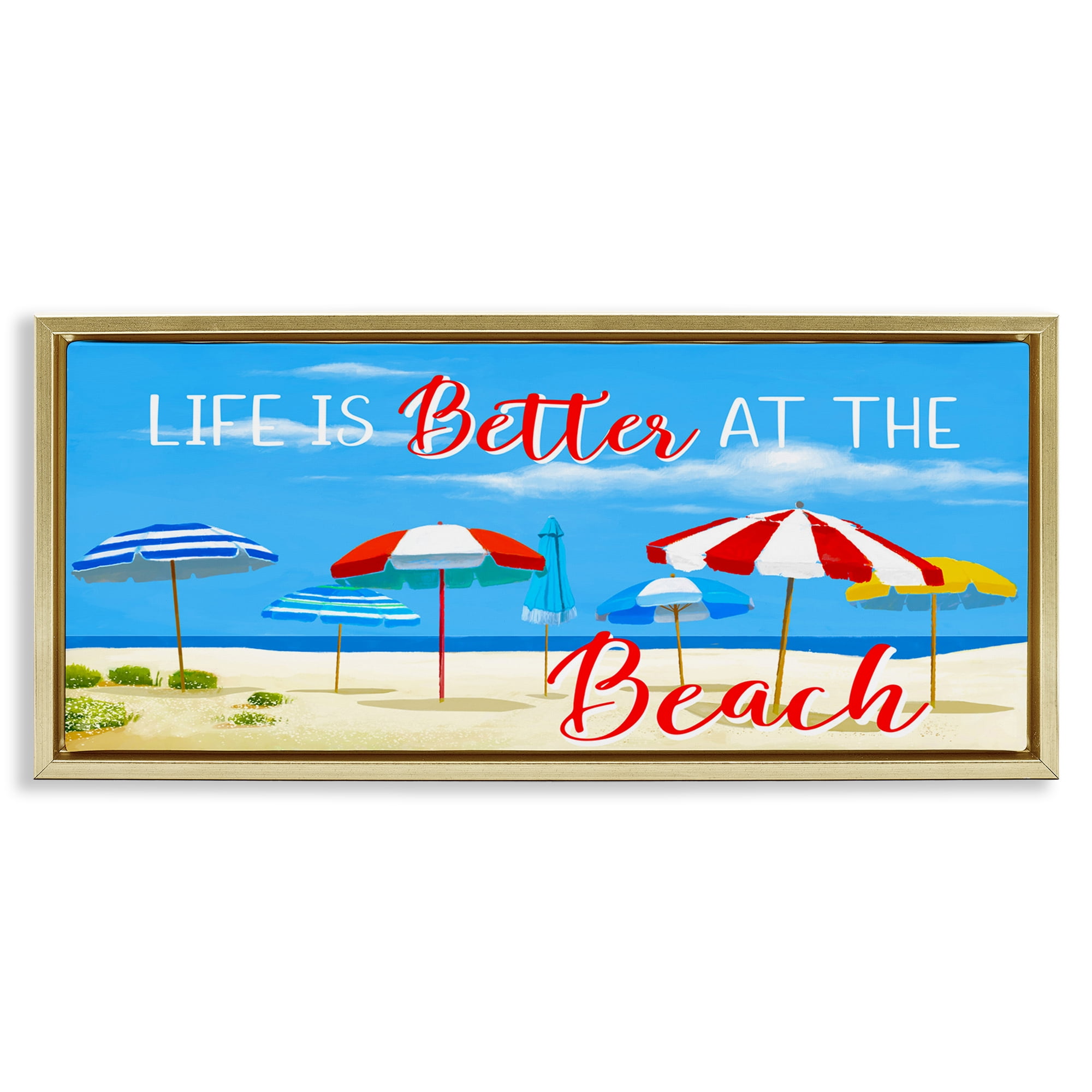 Stupell Industries Better At Beach Scene Landscape Painting Gold Floater Framed Canvas Art Print Wall Art, 31 x 14
