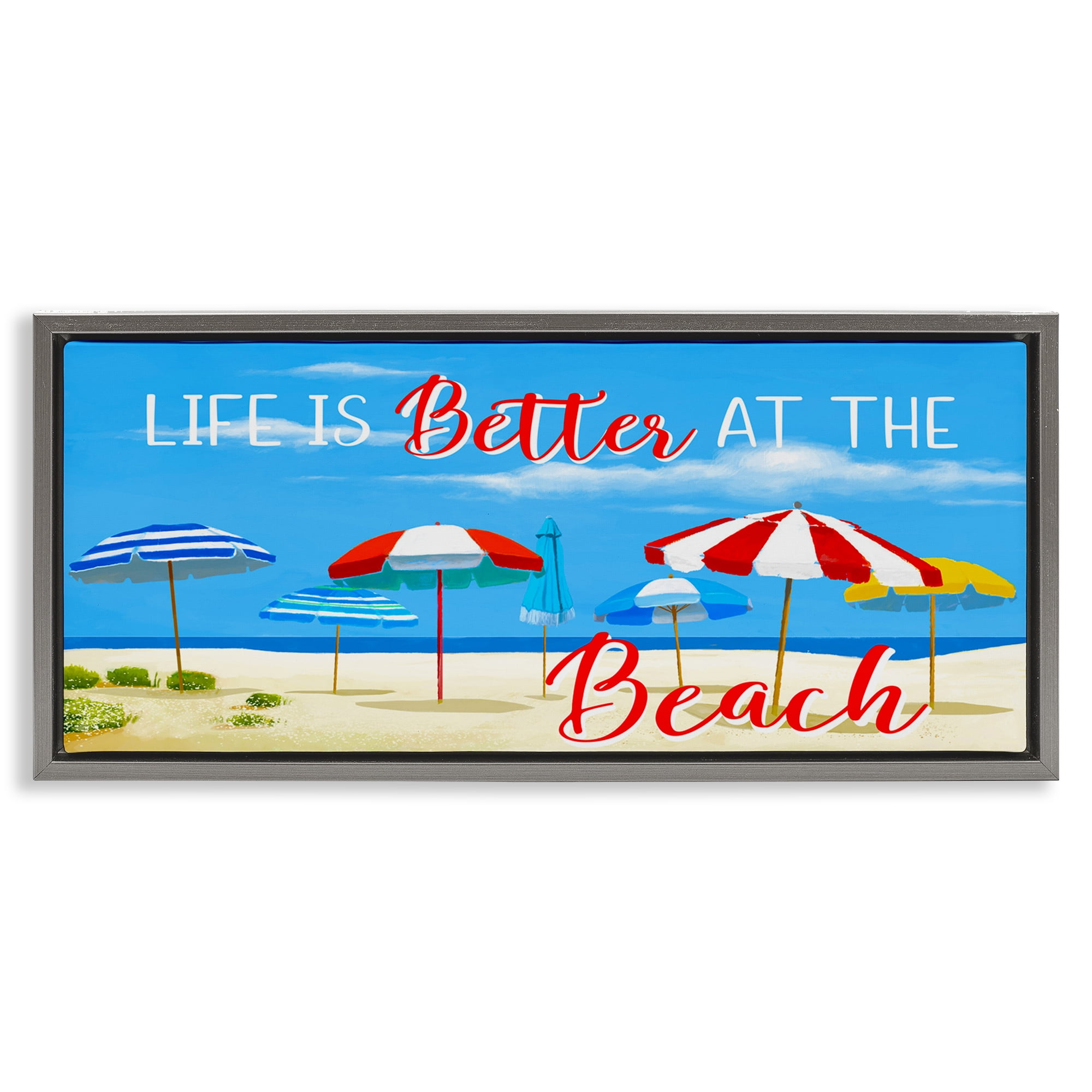 Stupell Industries Better At Beach Scene Landscape Painting Gray Floater Framed Canvas Art Print Wall Art, 25 x 11