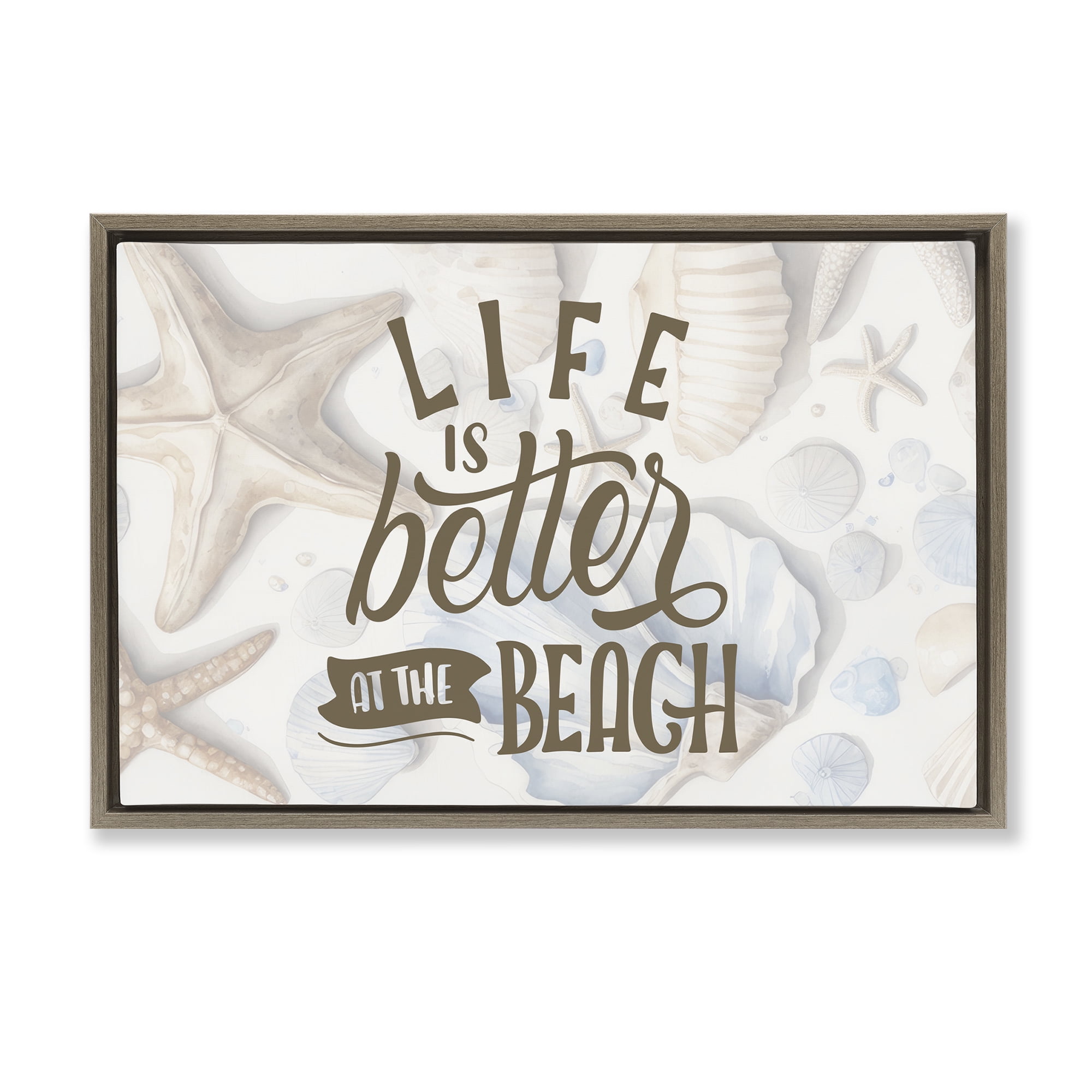 Stupell Industries Better At Beach Seashells Brown Framed Floater Canvas Wall Art, design by Kim Allen
