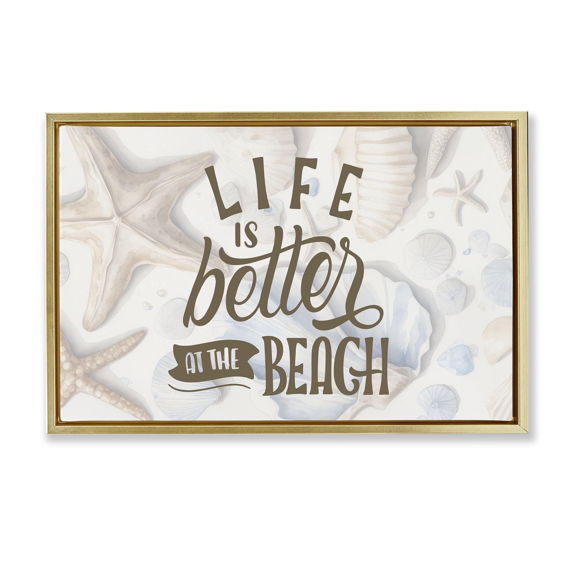 Stupell Industries Better At Beach Seashells Gold Framed Floater Canvas Wall Art, design by Kim Allen