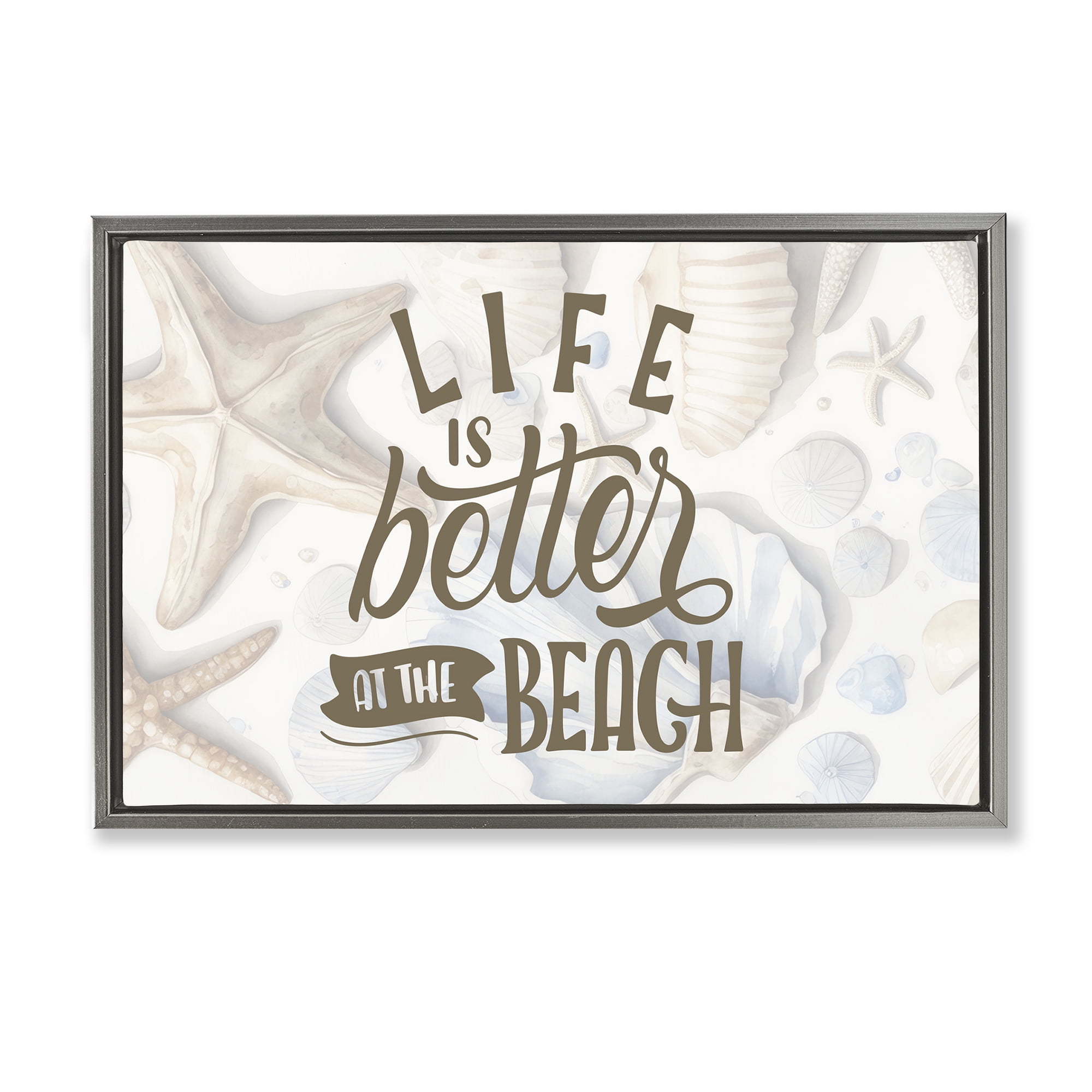 Stupell Industries Better At Beach Seashells Gray Framed Floater Canvas Wall Art, design by Kim Allen