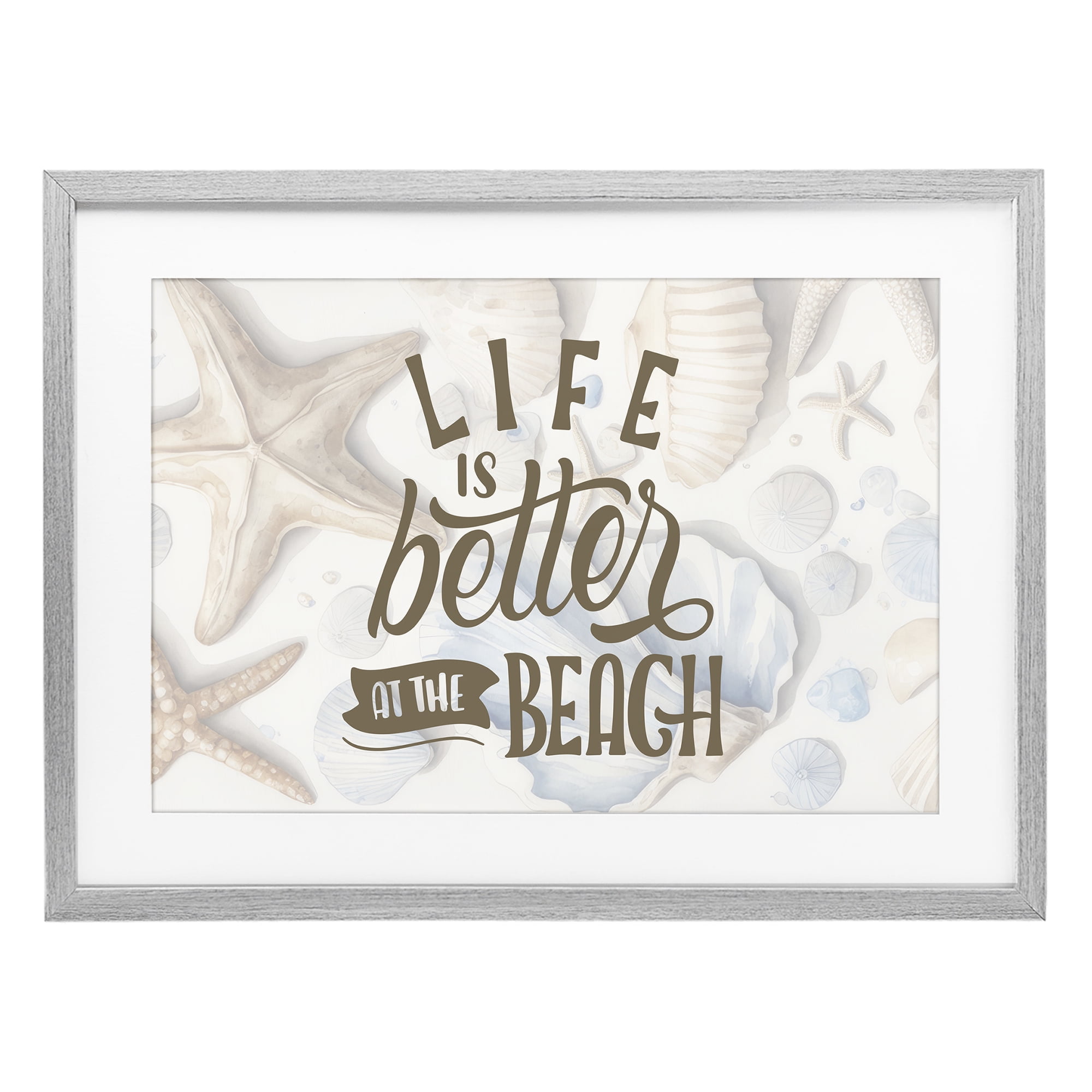 Stupell Industries Better At Beach Seashells Gray Framed Print Under Glass, design by Kim Allen