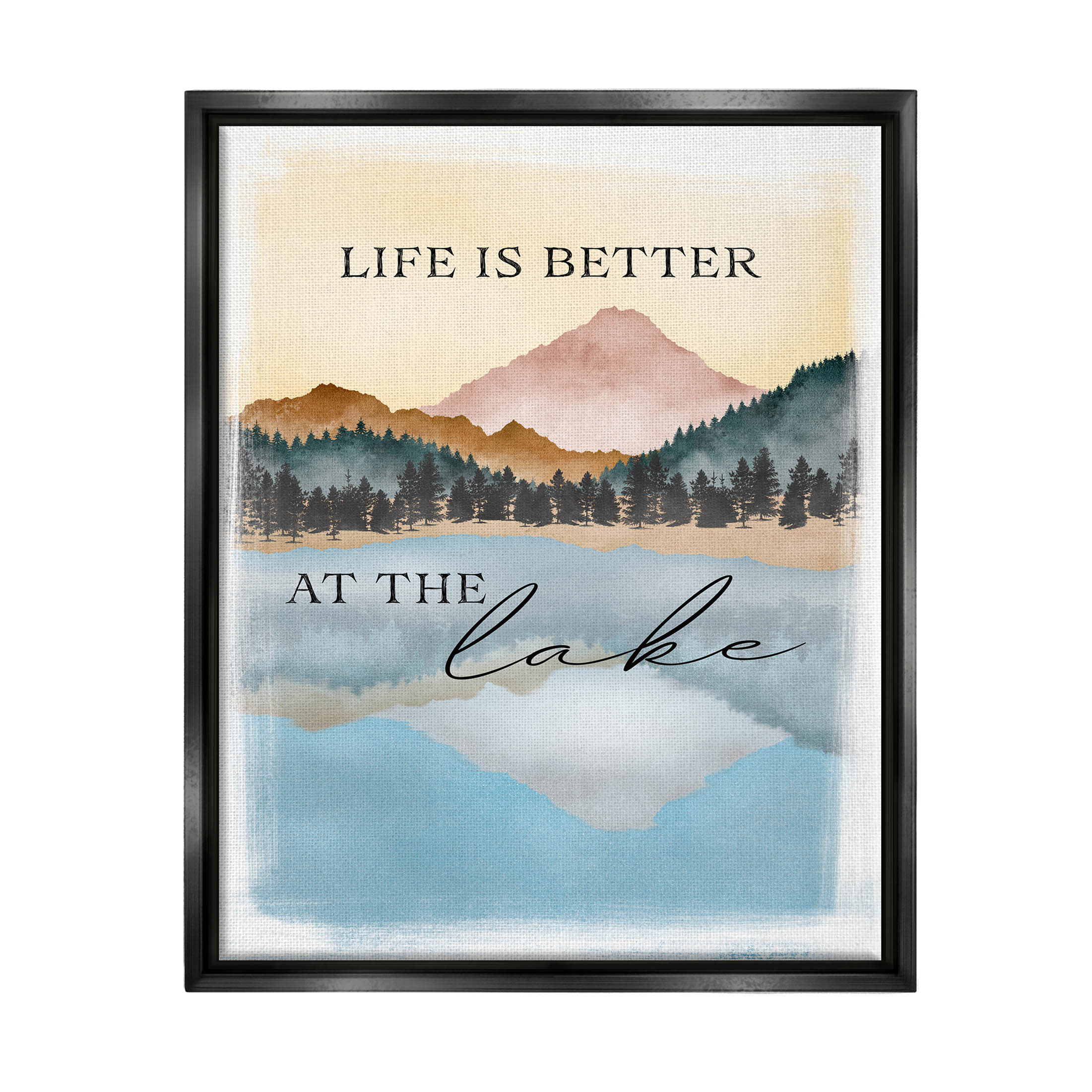 Stupell Industries Better At Lake Phrase Graphic Art Jet Black Floating Framed Canvas Print Wall Art, Design by JJ Design House LLC