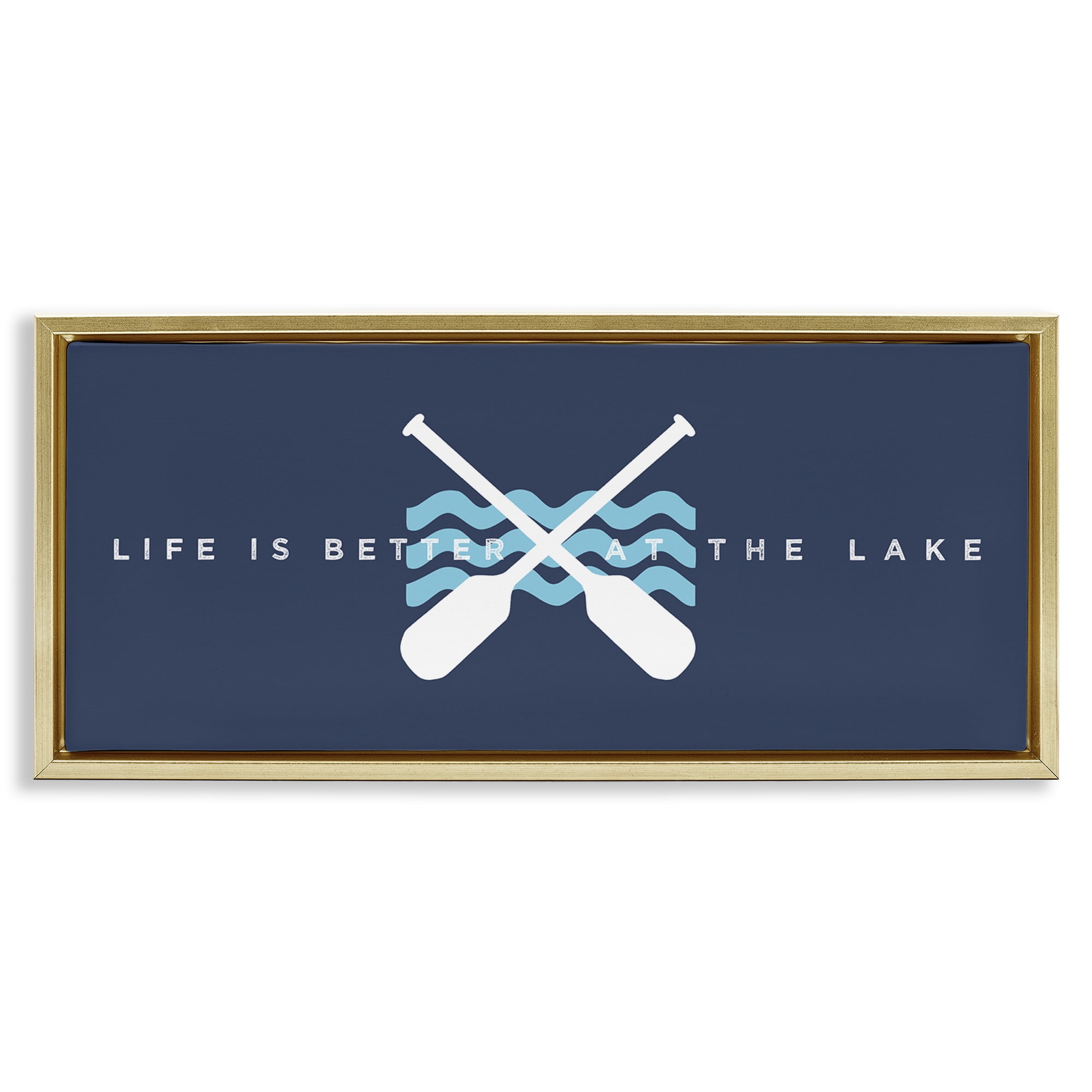 Stupell Industries Better At Lake with Crossed Oars Transportation Painting Gold Floater Framed Canvas Art Print Wall Art, 25 x 11