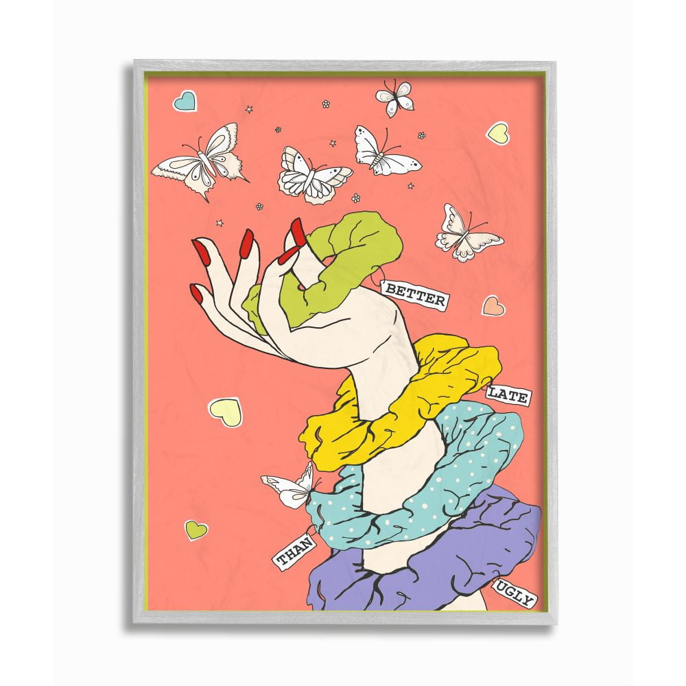 Stupell Industries Better Late Than Ugly Funny Girls Fashion Hair Scrunchie Beauty & Fashion Painting Gray Framed Art Print Wall Art, 16 x 20