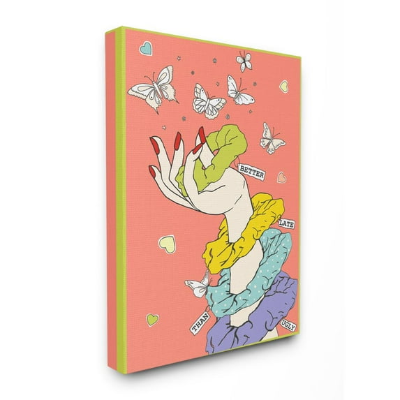 Stupell Industries Better Late Than Ugly Funny Girls Fashion Hair Scrunchie Canvas Wall Art Design by Sangita Bachelet, 24" x 30"