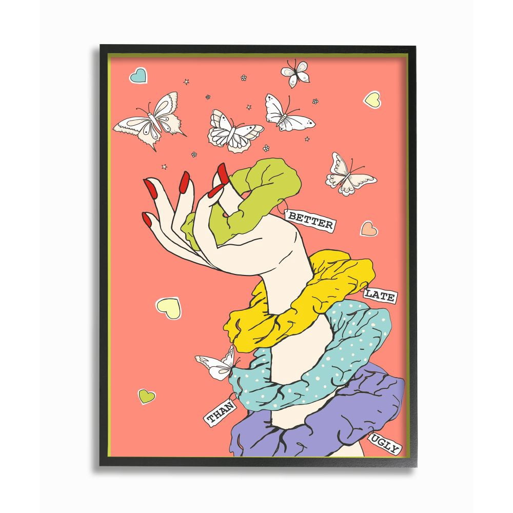 Stupell Industries Better Late Than Ugly Funny Girls Fashion Hair Scrunchie Framed Wall Art Design by Sangita Bachelet, 11" x 14", Black Framed
