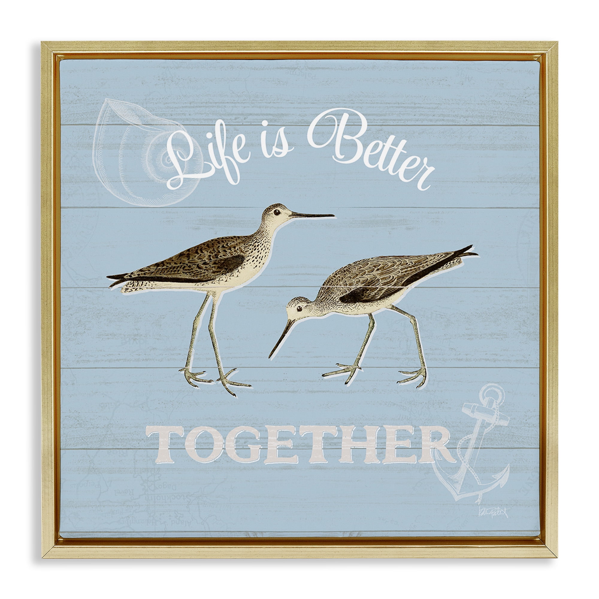 Stupell Industries Better Together Coastal Sandpipers Animals & Insects Painting Gold Floater Framed Canvas Art Print Wall Art, 25 x 25