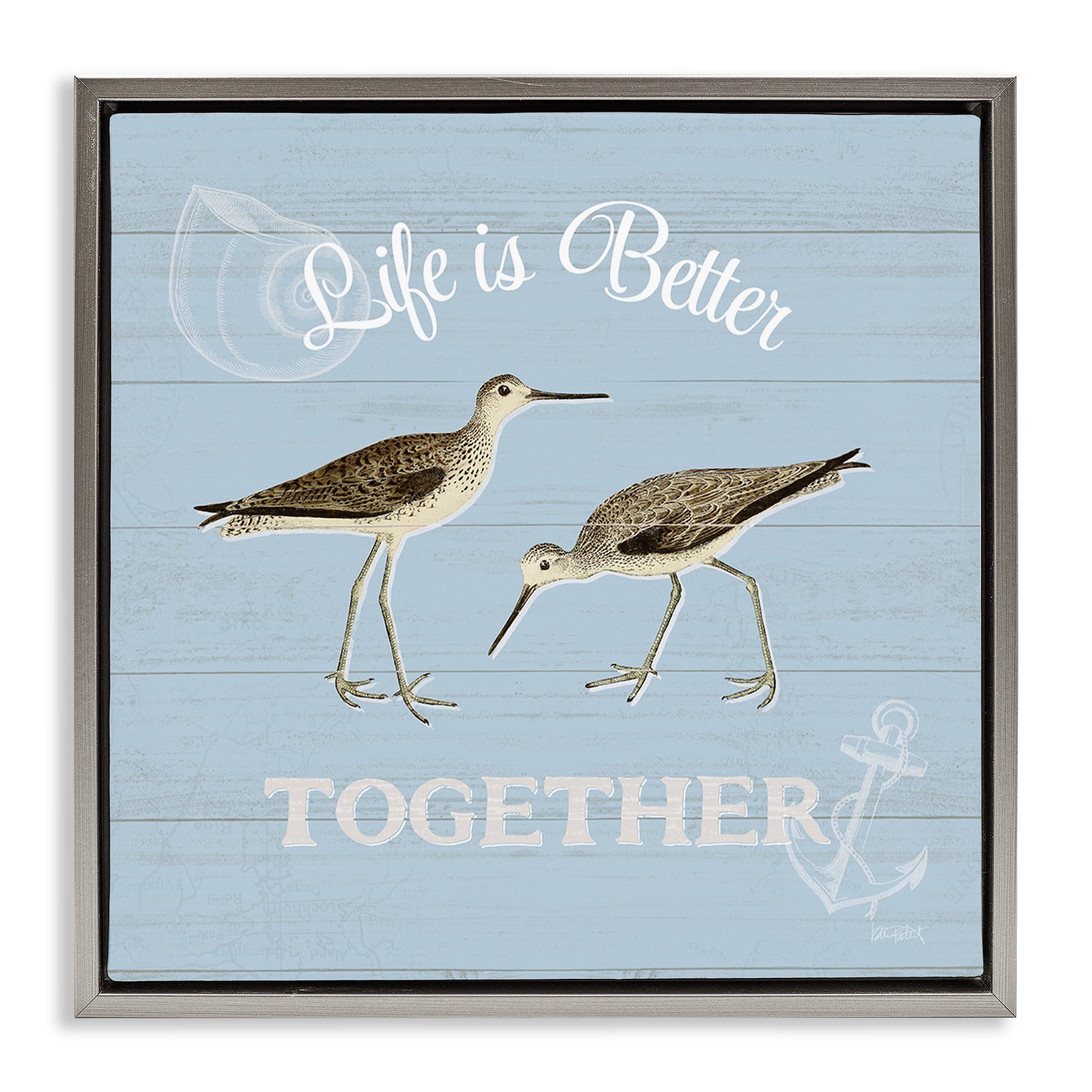Stupell Industries Better Together Coastal Sandpipers Animals & Insects Painting Gray Floater Framed Canvas Art Print Wall Art, 18 x 18