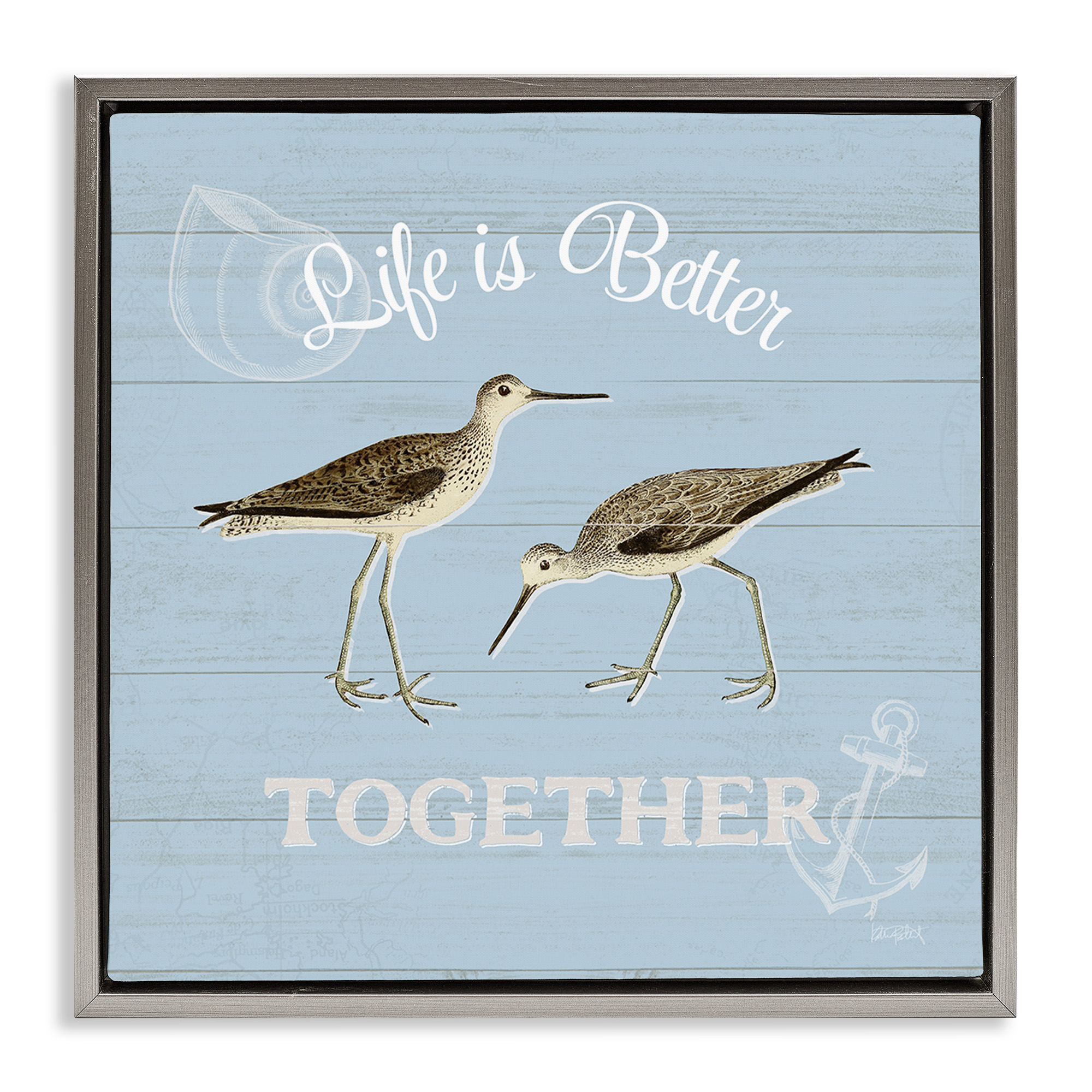 Stupell Industries Better Together Coastal Sandpipers Animals & Insects Painting Gray Floater Framed Canvas Art Print Wall Art, 25 x 25