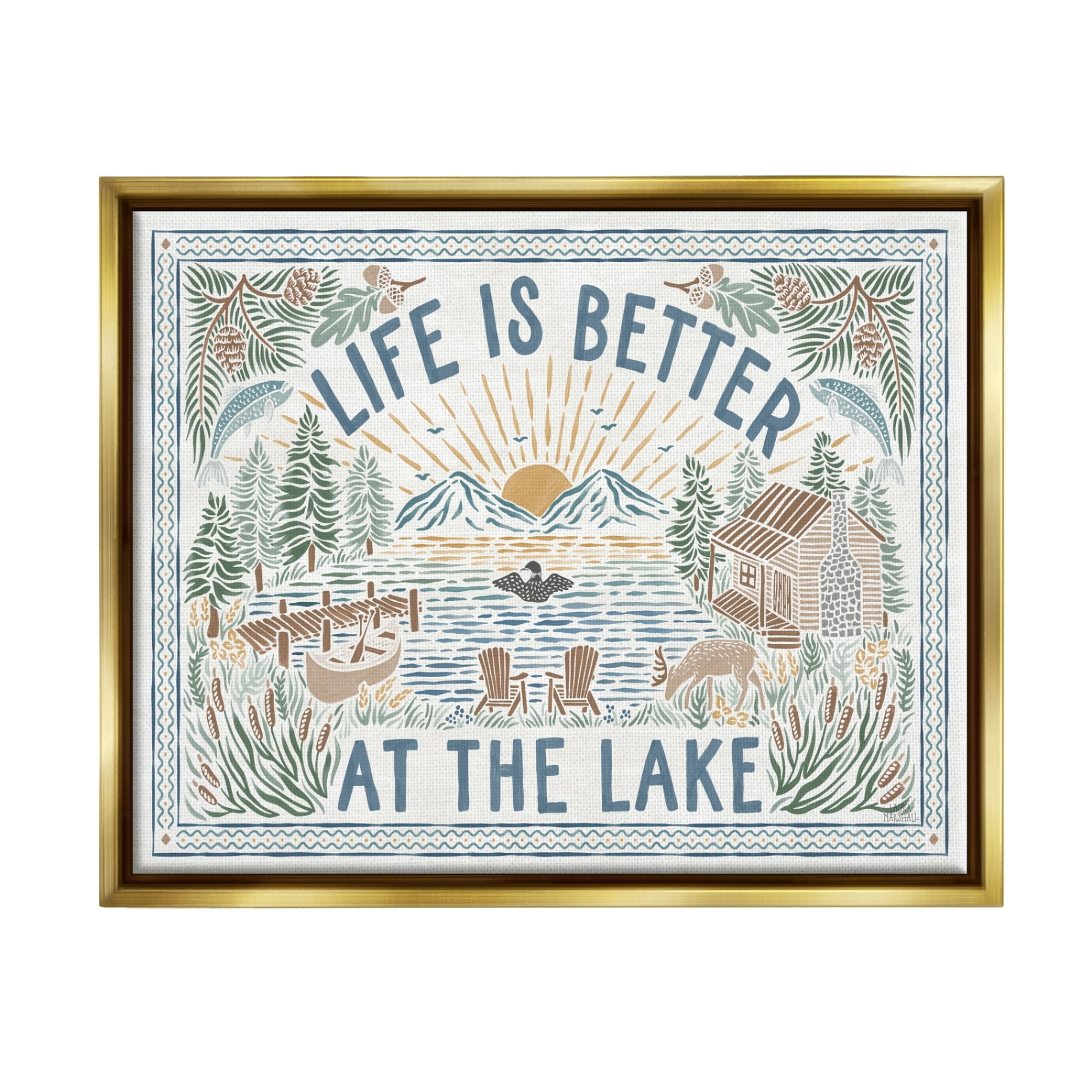 Stupell Industries Better at Lake Scenery Nature Painting Gold Floater Framed Art Print Wall Art, 31 x 25