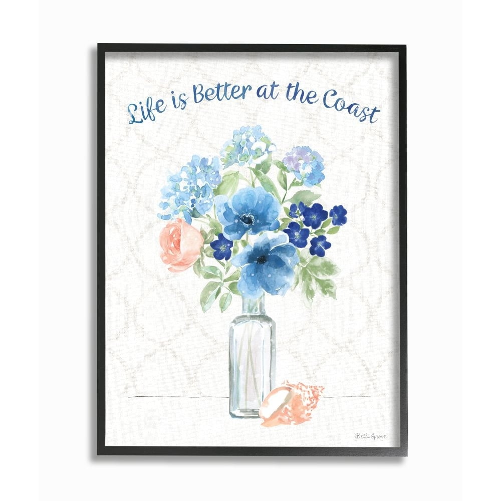 Stupell Industries Better at the Coast Nautical Floral Arrangement Greeting Framed Wall Art Design by Beth Grove, 11" x 14", Gray Framed