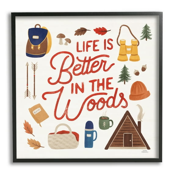 Stupell Industries Better in the Woods Phrase Typography Painting Black Framed Art Print Wall Art, 17 x 17