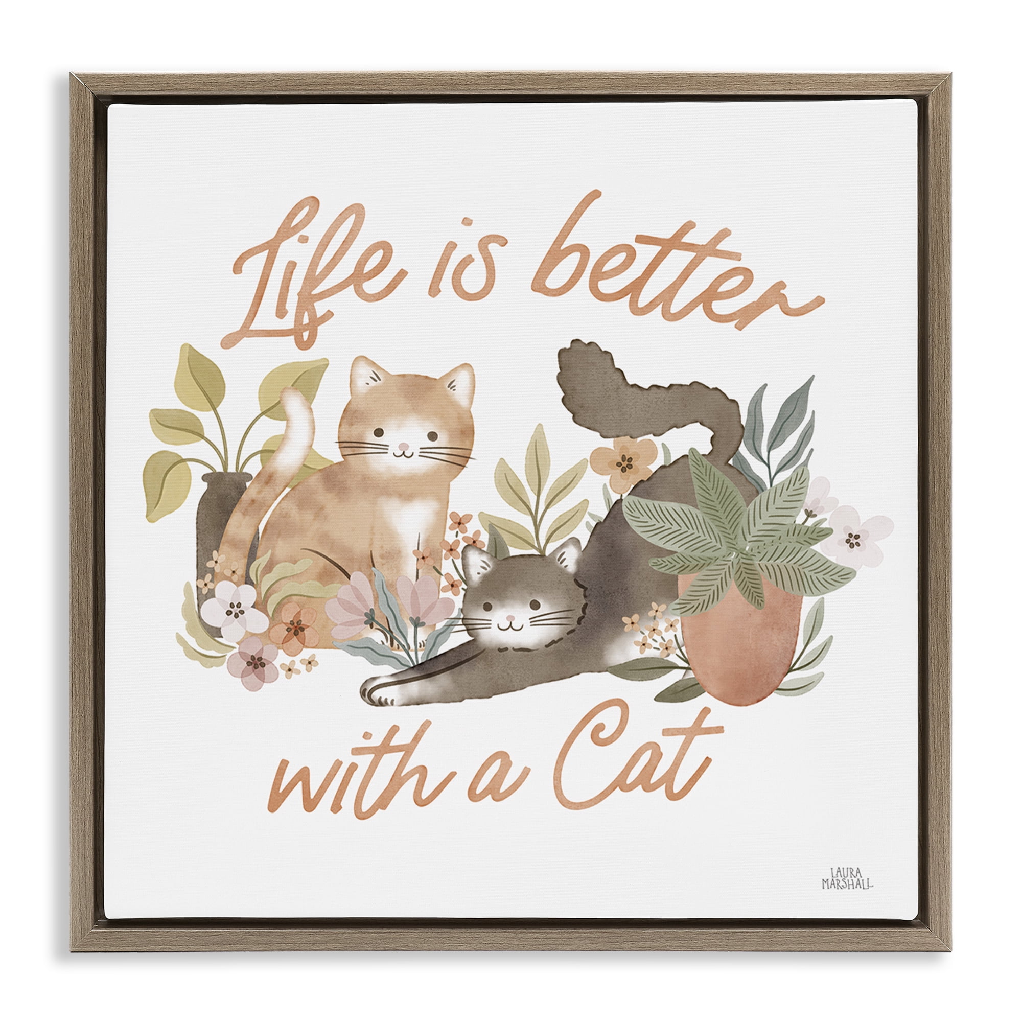 Stupell Industries Better with Cat Phrase Animals & Insects Painting Brown Floater Framed Canvas Art Print Wall Art, 18 x 18