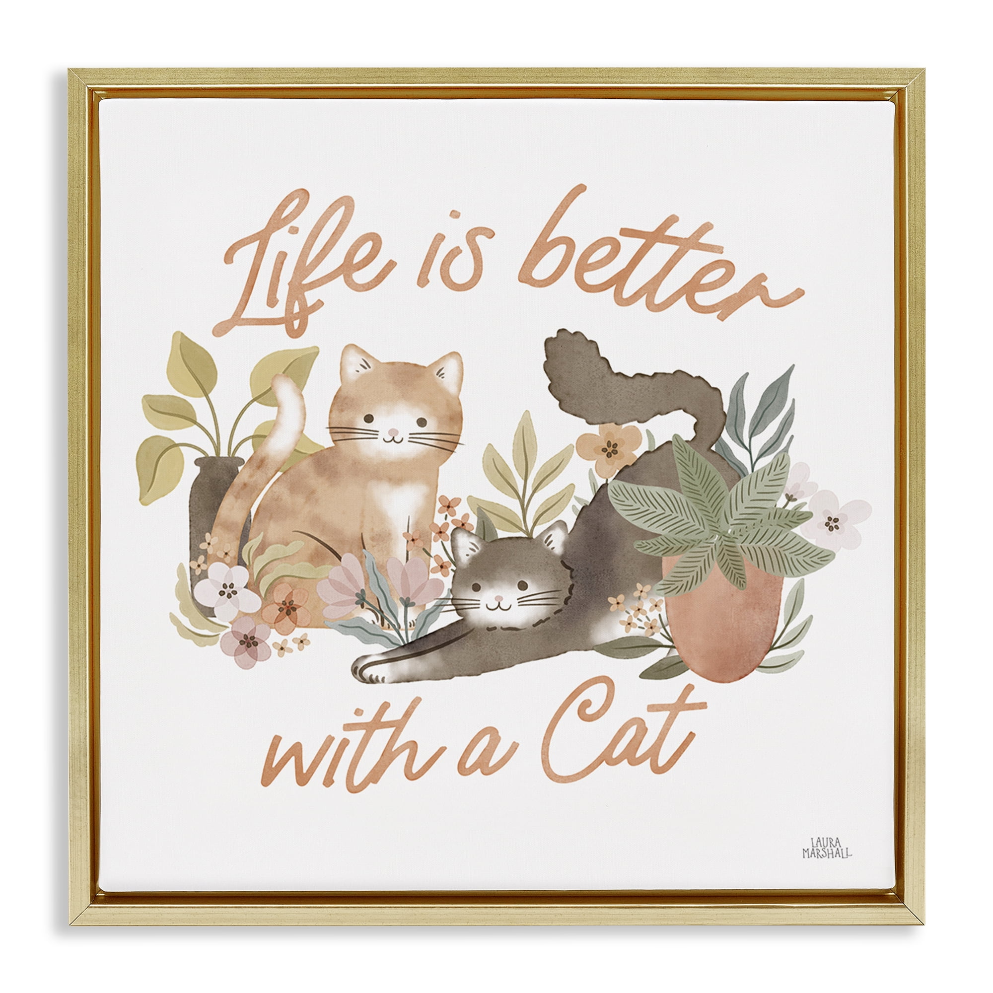 Stupell Industries Better with Cat Phrase Animals & Insects Painting Gold Floater Framed Canvas Art Print Wall Art, 25 x 25