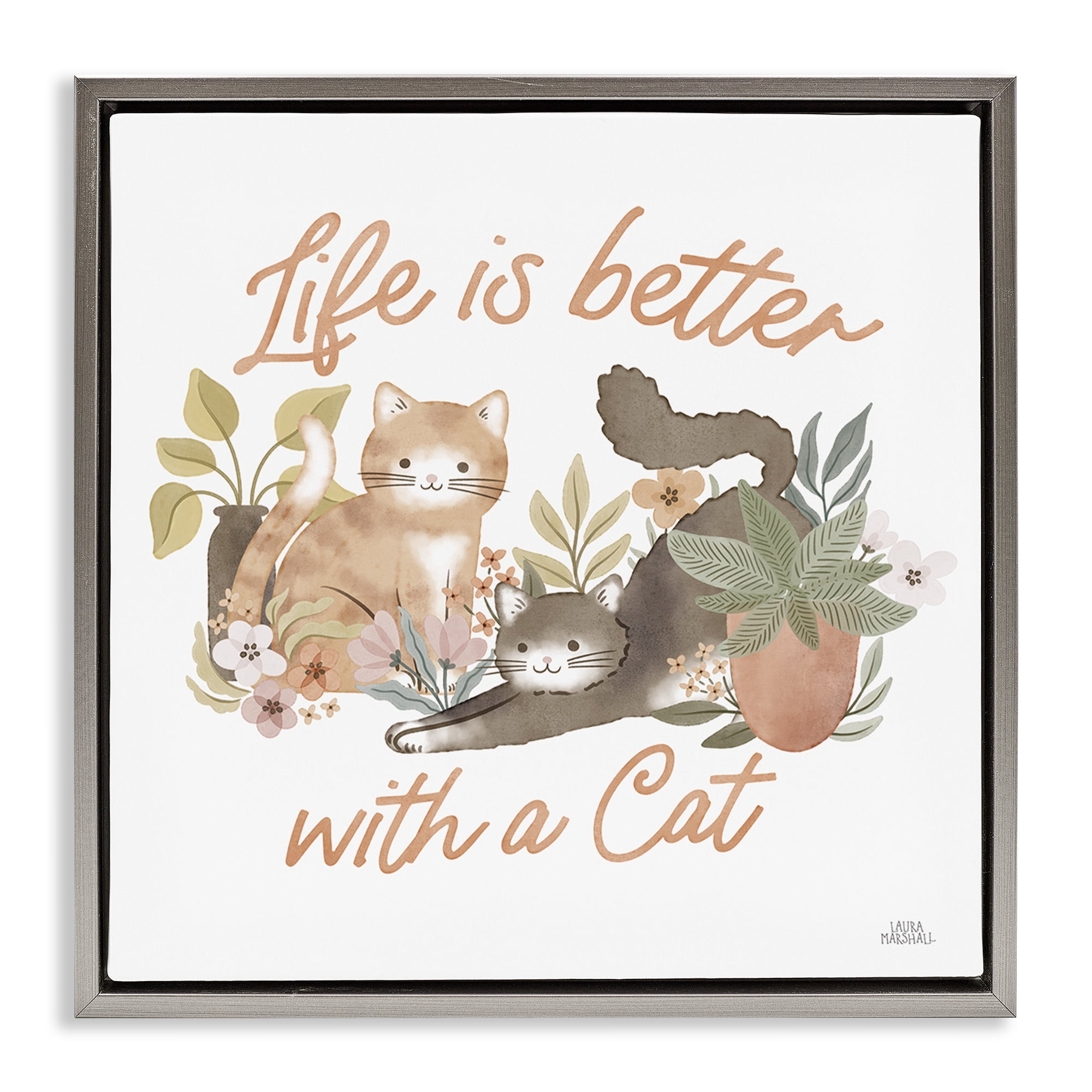 Stupell Industries Better with Cat Phrase Animals & Insects Painting Gray Floater Framed Canvas Art Print Wall Art, 18 x 18