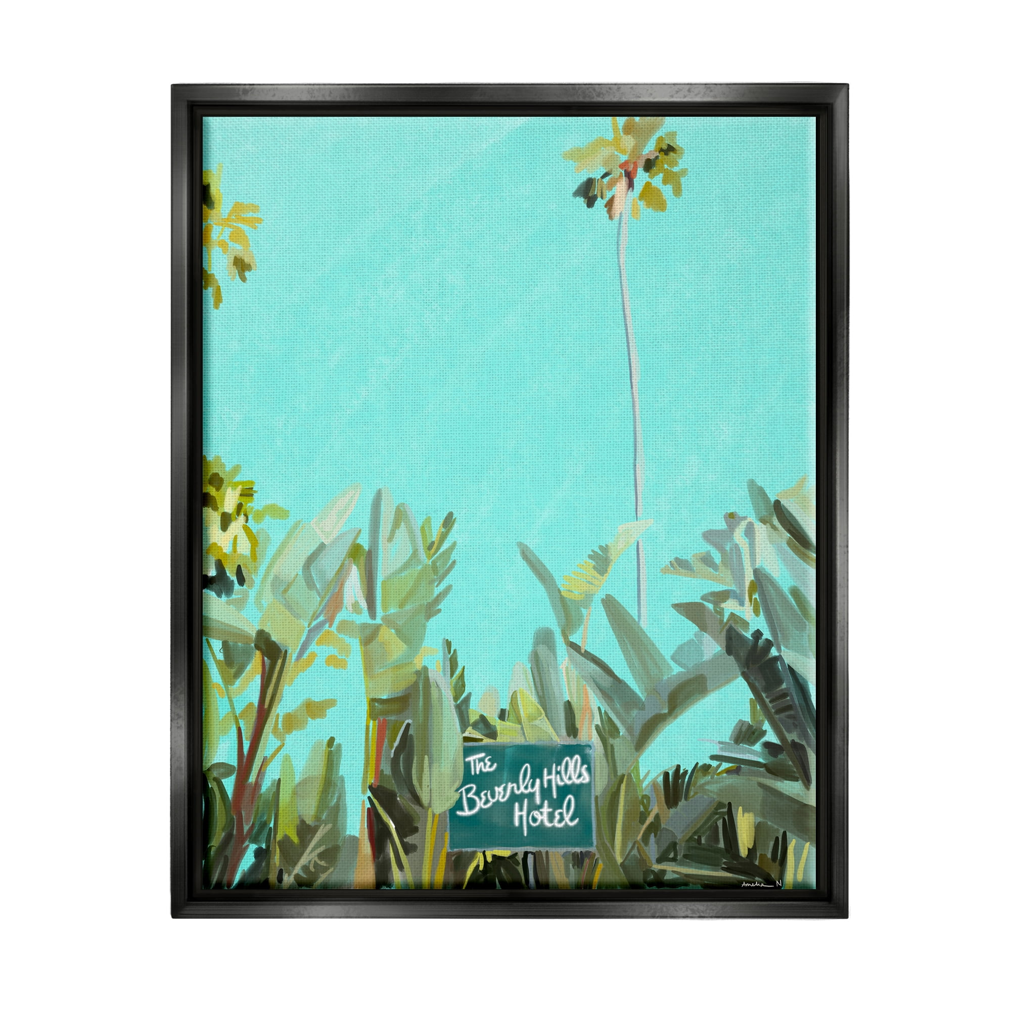 Stupell Industries Beverly Hills Hotel Tropical Palms Coastal Painting Black Floater Framed Art Print Wall Art