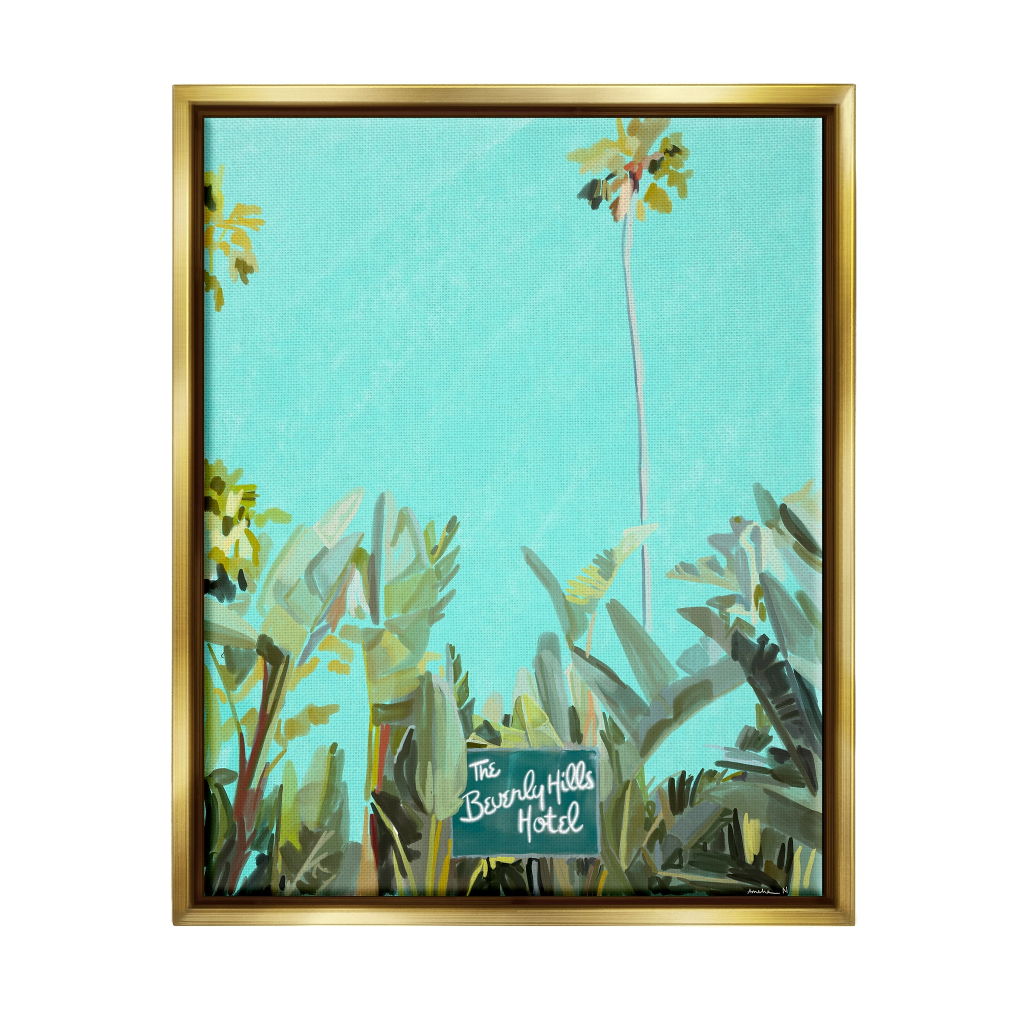 Stupell Industries Beverly Hills Hotel Tropical Palms Coastal Painting Gold Floater Framed Art Print Wall Art