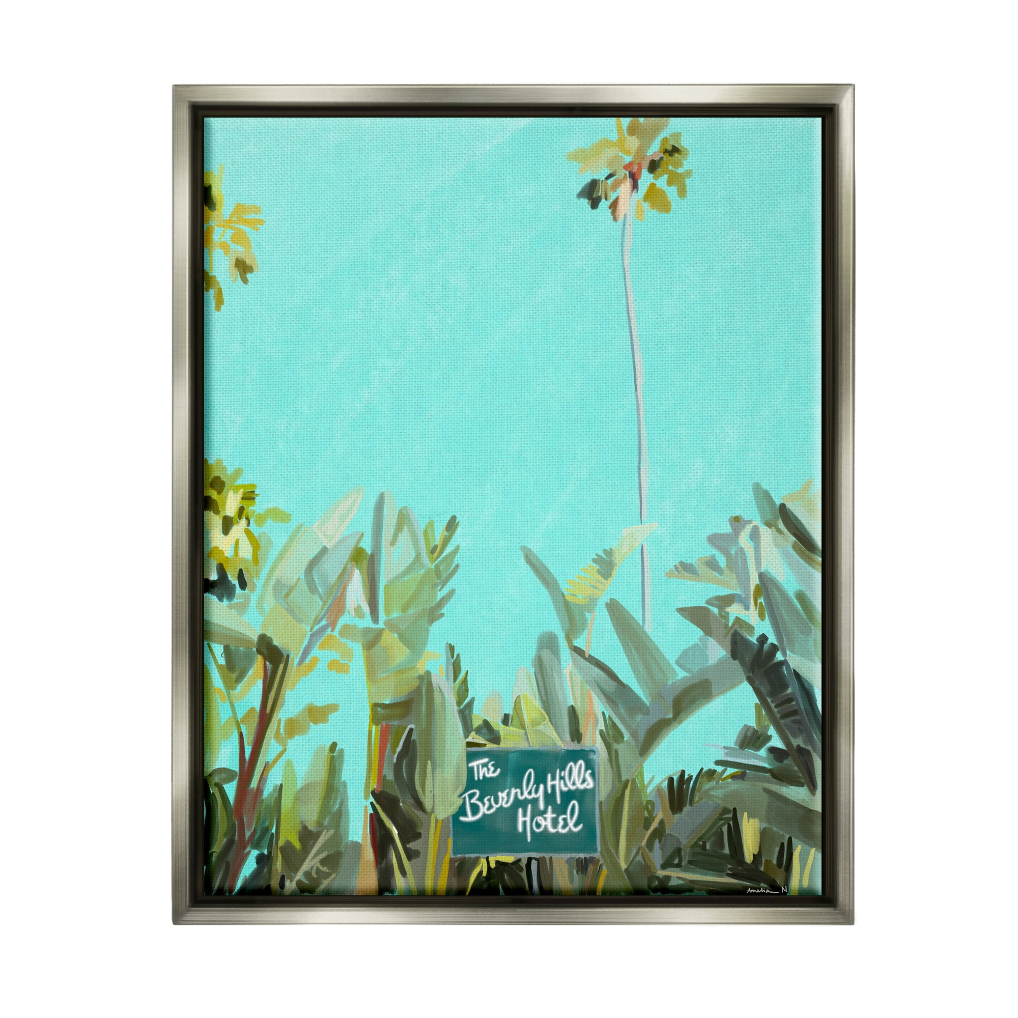 Stupell Industries Beverly Hills Hotel Tropical Palms Coastal Painting Gray Floater Framed Art Print Wall Art