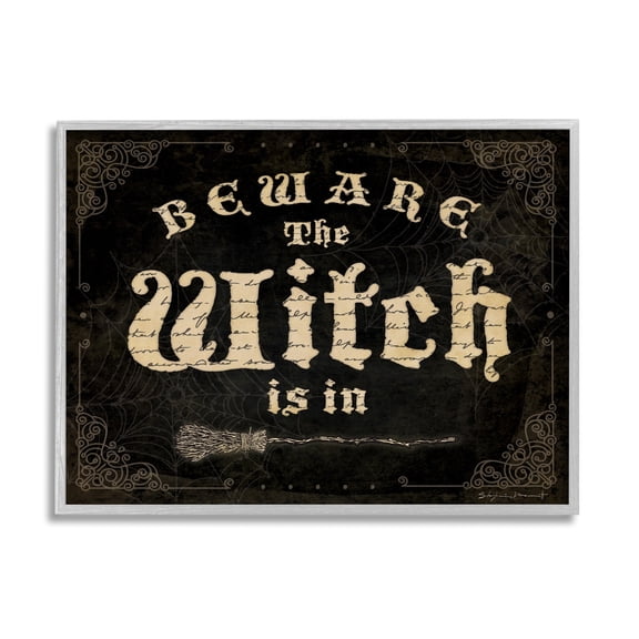Stupell Industries Beware The Witch Vintage Phrase Holiday Painting Gray Framed Art Print Wall Art
