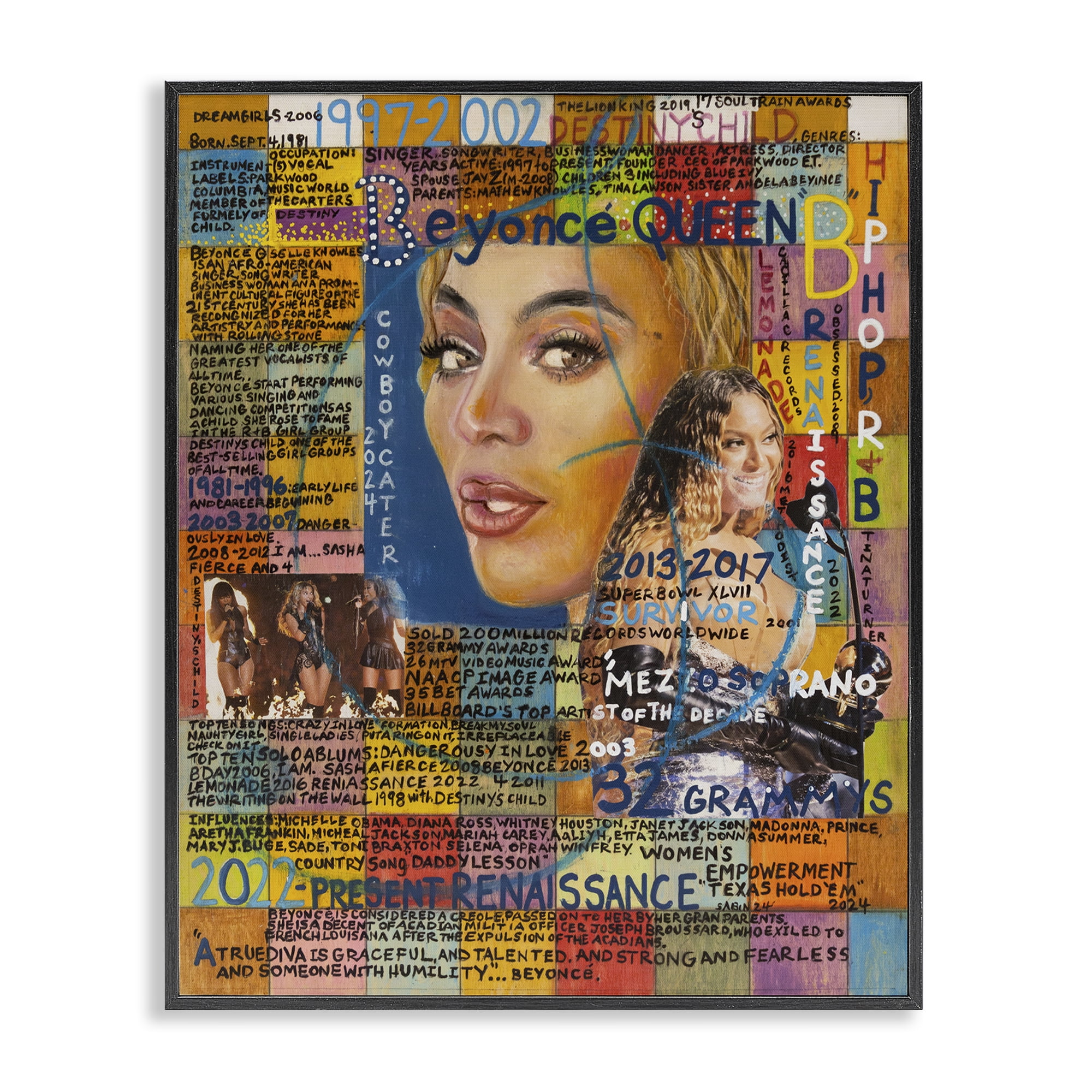 Stupell Industries Beyonce Musician Collage People Drawing Black Framed Art Print Wall Art, 16 x 20