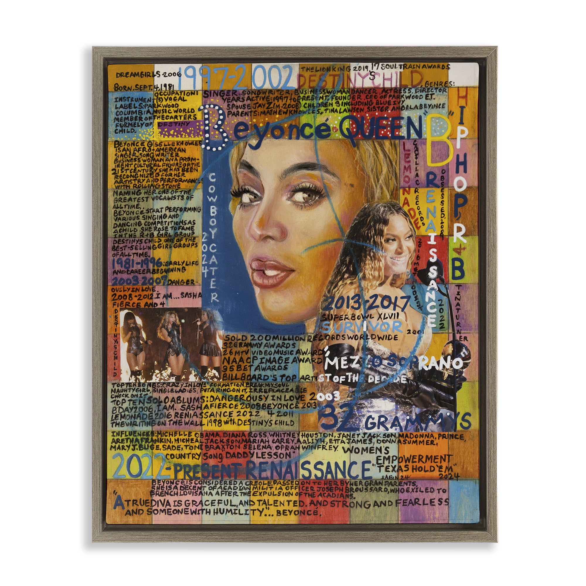 Stupell Industries Beyonce Musician Collage People Drawing Brown Floater Framed Canvas Art Print Wall Art, 17 x 21