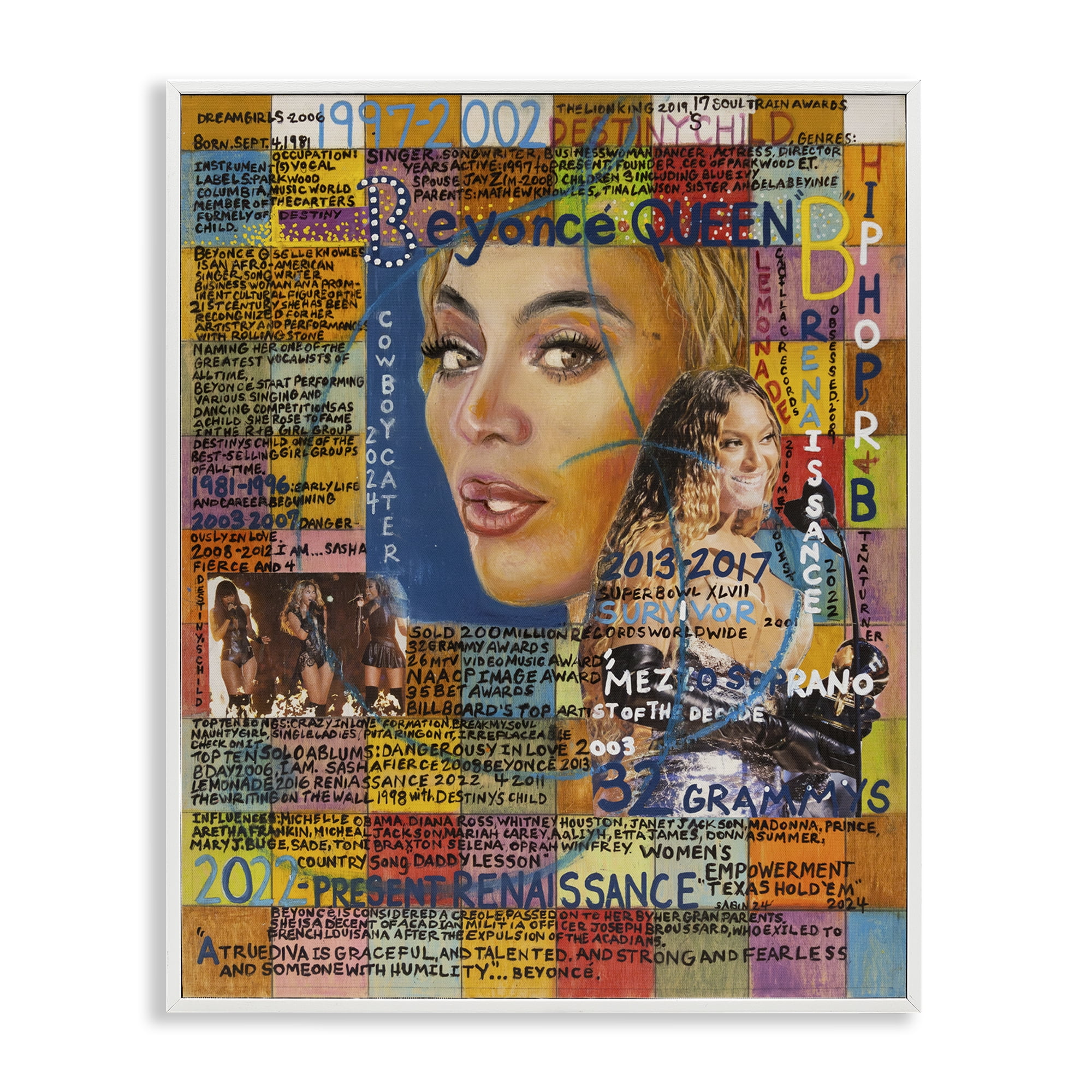 Stupell Industries Beyonce Musician Collage People Drawing White Framed Art Print Wall Art, 24 x 30